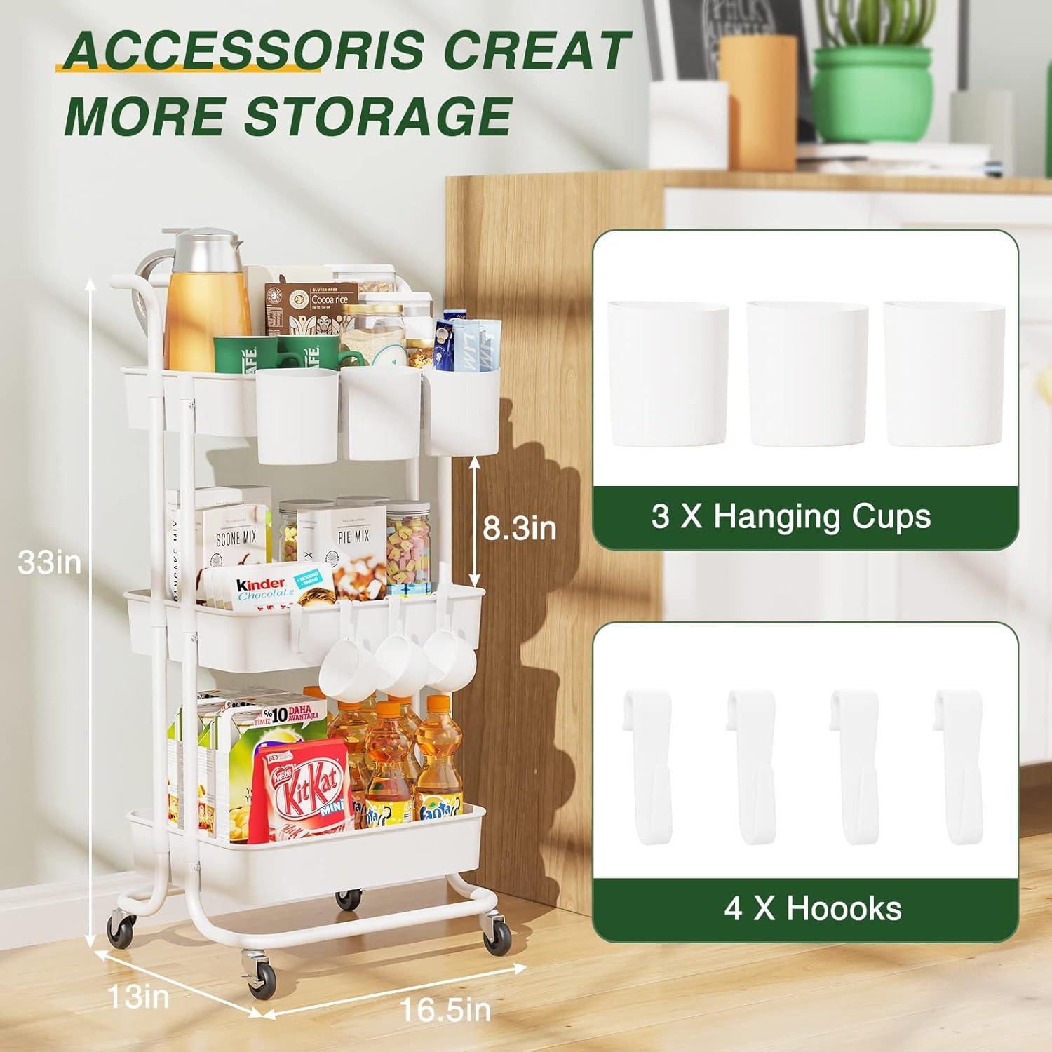 3-Tier Metal Rolling Cart Utility Cart Storage Cart with Lockable Wheels, 3 Hanging Cups & 4 Hooks for Office, Kitchen, White