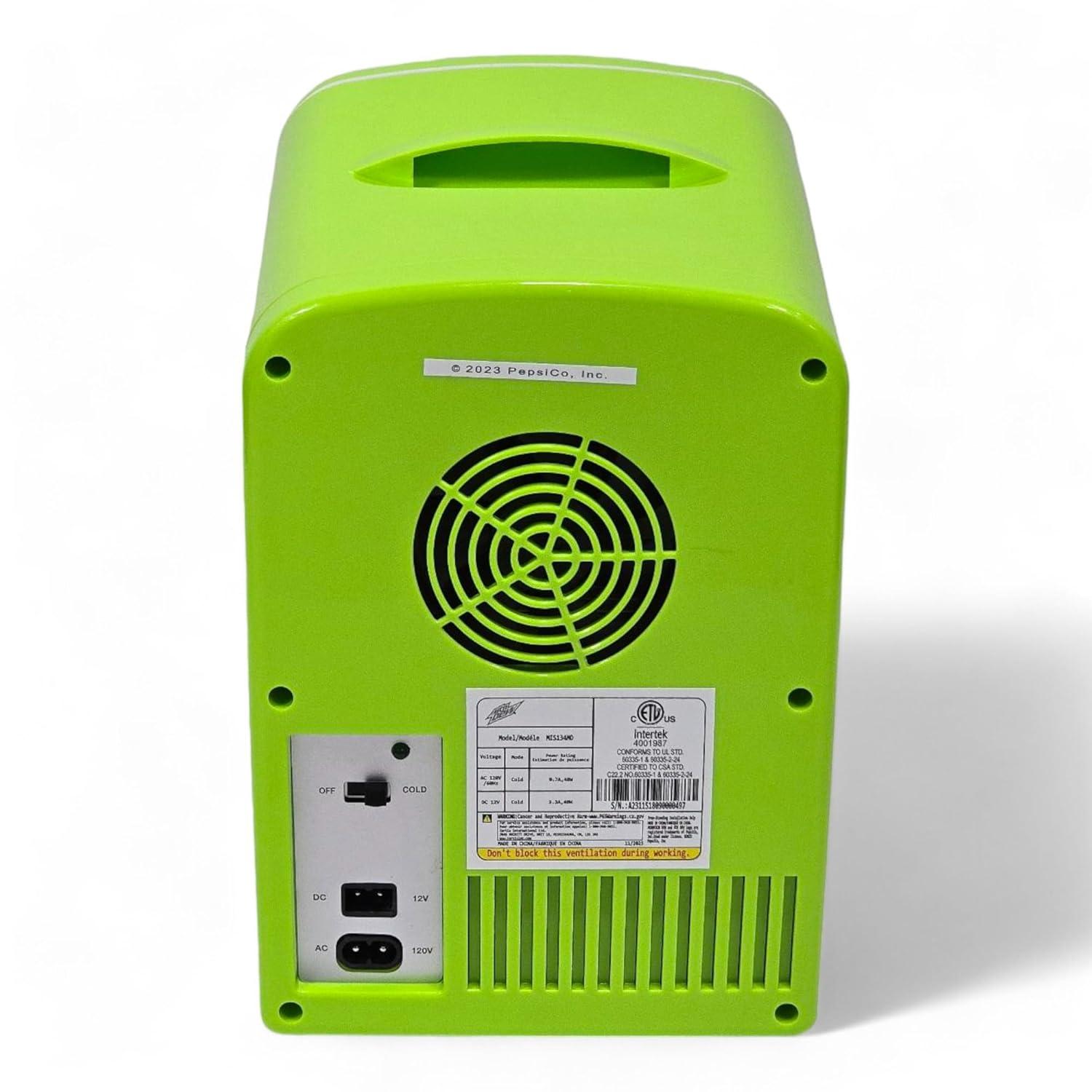 Mountain Dew MIS134MD, Mini Portable Compact Personal Fridge Cooler, 4 Liter Capacity Chills Six 12 oz Cans, 100% Freon-Free & Eco Friendly, Lime