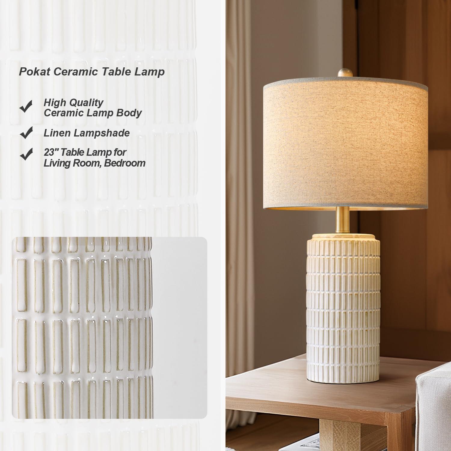23" Modern Ceramic Table Lamp Set of 2 for Living Room White Desk Lamps for Bedroom Farmhouse Bedside Nightstand Bedside Lamp End Table Lamps Beige
