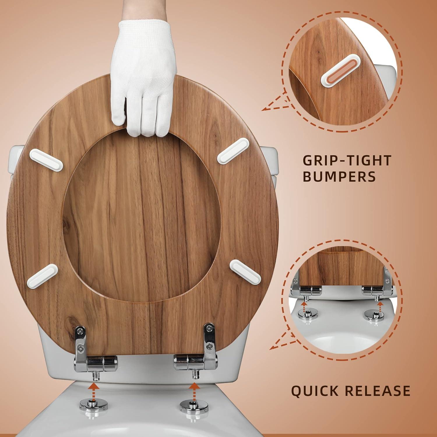 Round Natural Wood Toilet Seat with Slow Close Hinges