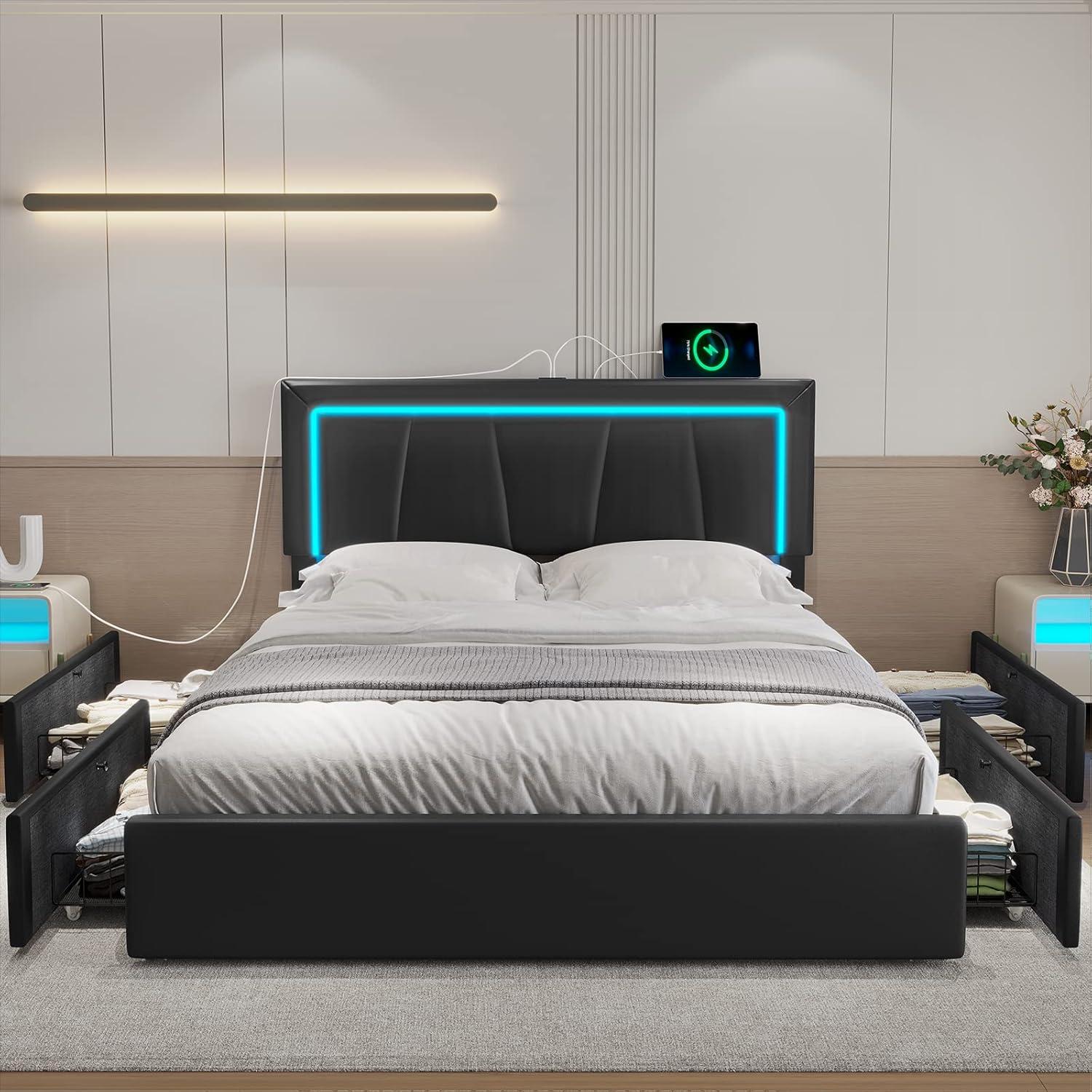 Full Size Led Bed Frame with Charging Station&LED Lights Modern Faux Leather Upholstered Platform Bed Frame with Adjustable Headboard&4 Storage Drawers, Black