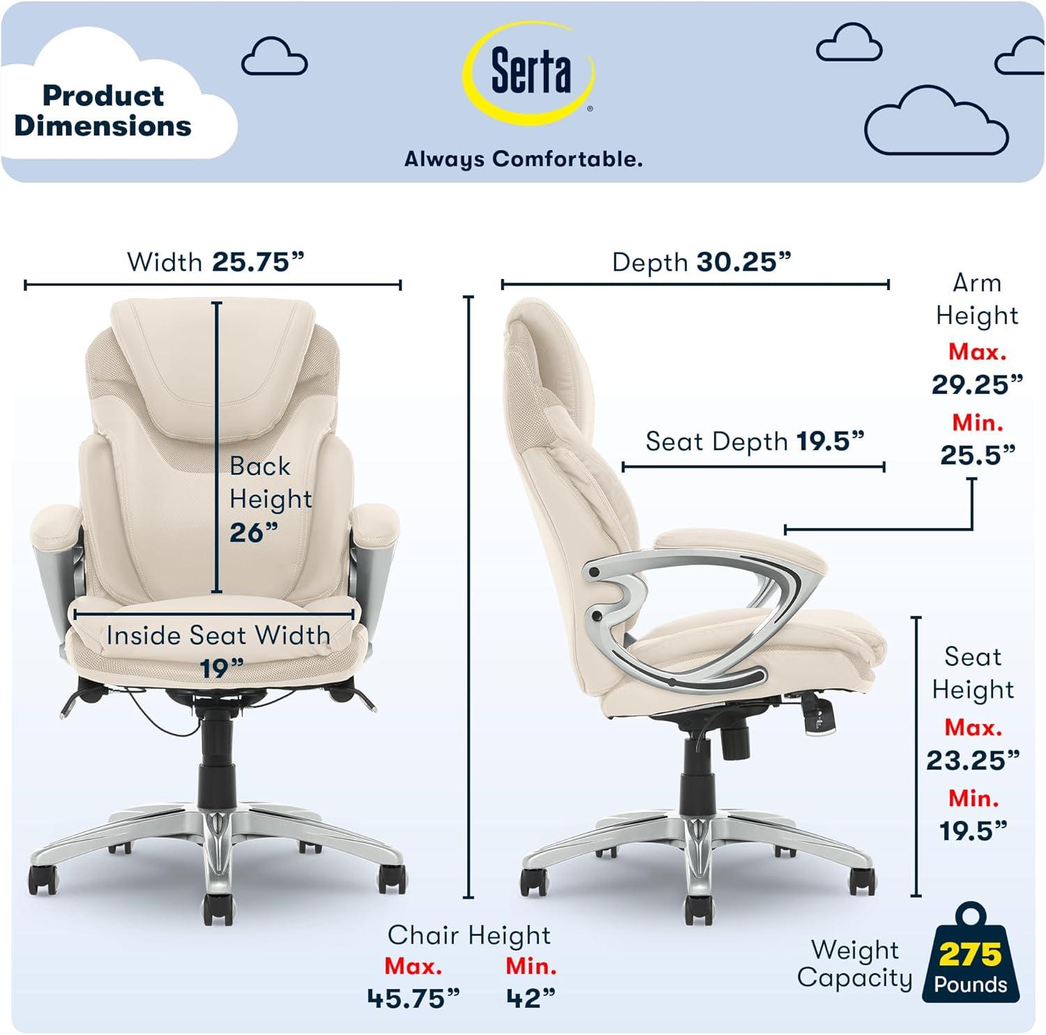 Works Executive Office Chair with Air Technology Comfortable Cream - Serta: Ergonomic Lumbar Support, Fixed Arms, Wood Frame