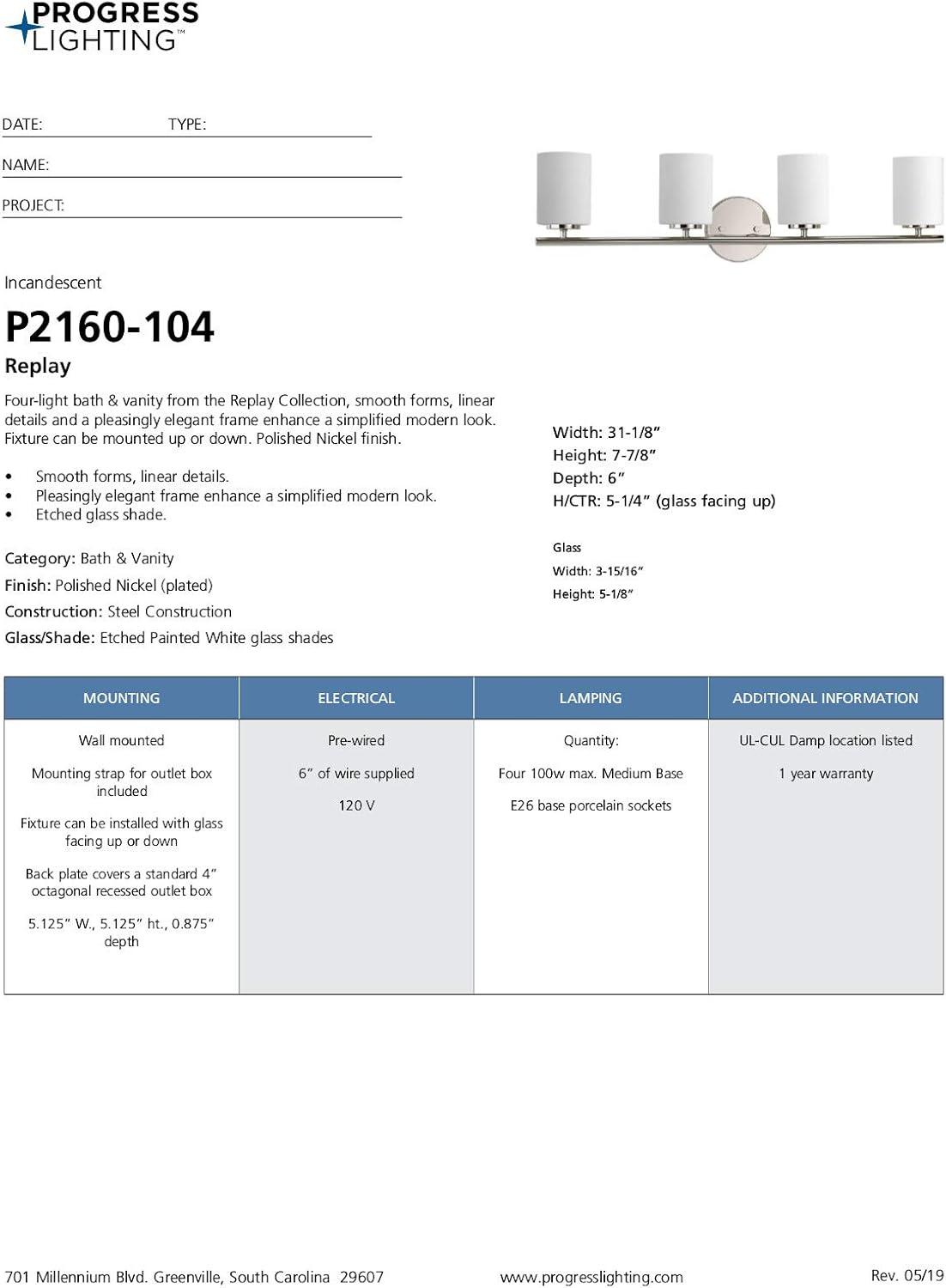 Progress Lighting Replay 4-Light Bath Vanity, Polished Nickel, Porcelain, Up/Down Mount, Brushed Nickel Finish, Shade Included