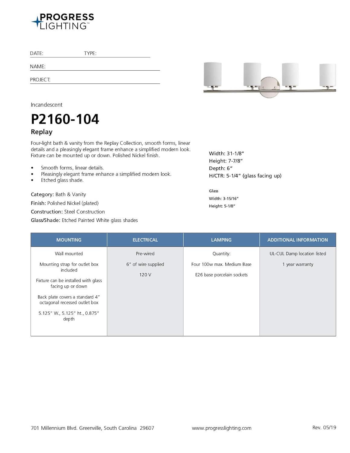 Progress Lighting Replay 4-Light Bath Vanity, Polished Nickel, Porcelain, Up/Down Mount, Brushed Nickel Finish, Shade Included