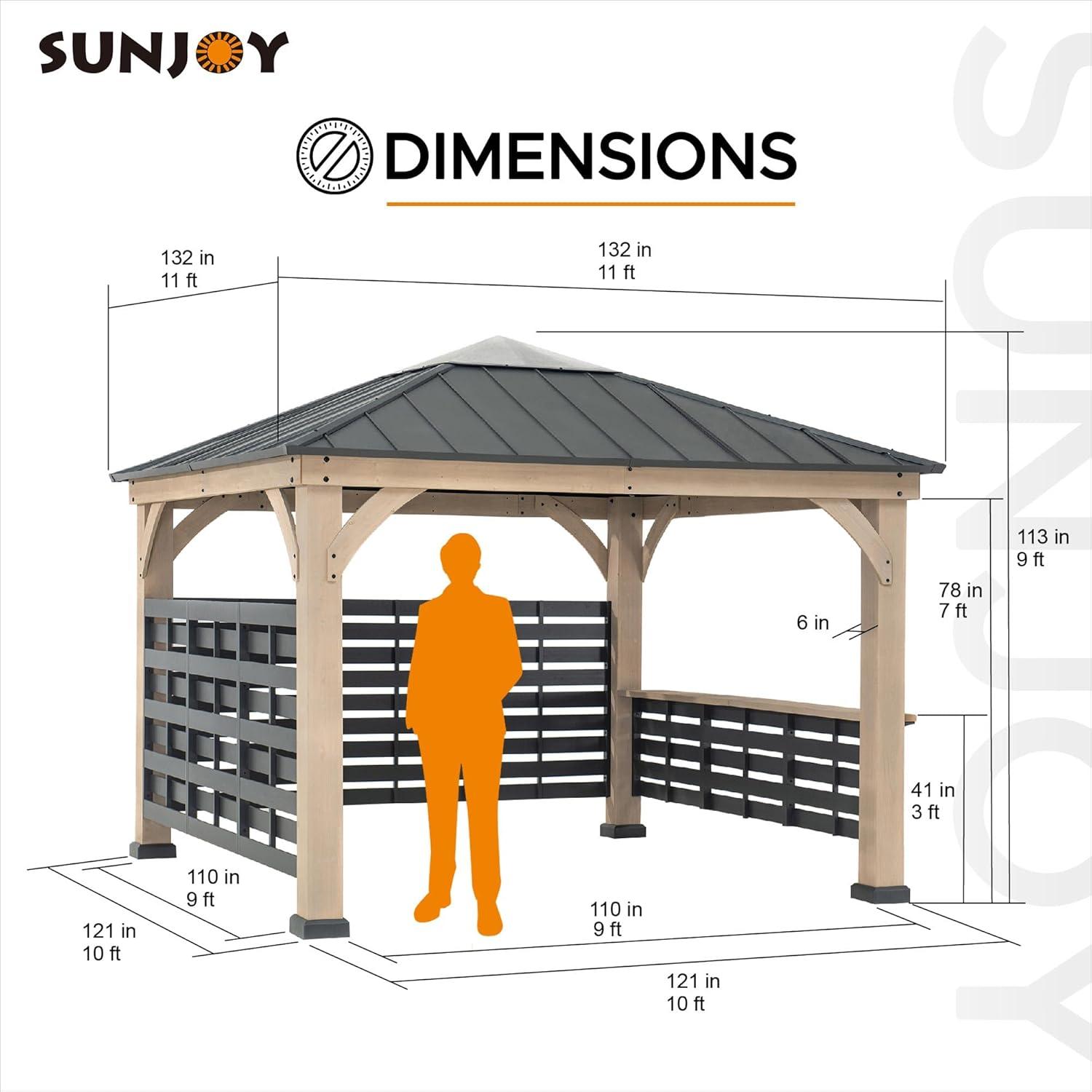 Sunjoy Cameron 11 ft. x 11 ft. Cedar Wood Framed Hot Tub Gazebo with Steel and Polycarbonate Hardtop and bar shelf, Matte Black