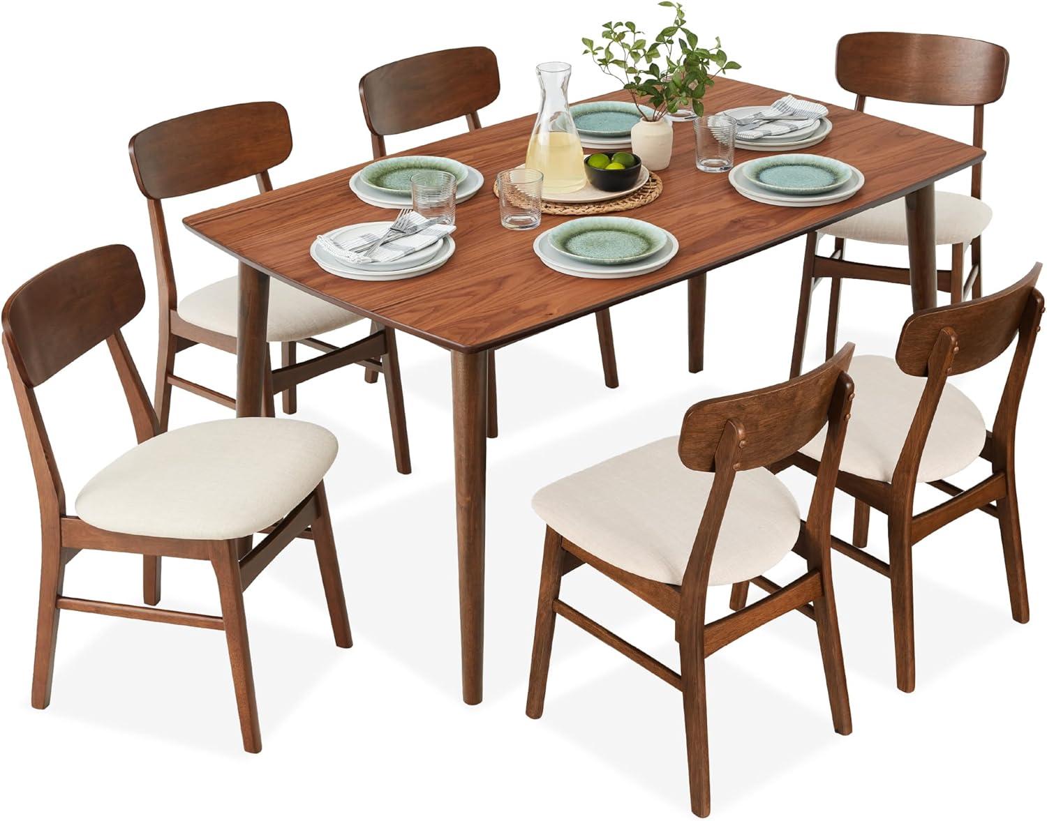 George Oliver 7-Piece Mid-Century Modern Upholstered Dining Set, Wooden Table W/ 6 Chairs
