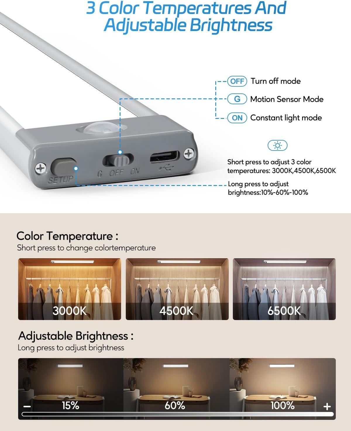 LEPOTEC 12.67Inch 60 LED 3 Colors Wireless Rechargeable Motion Sensor Cabinet Light