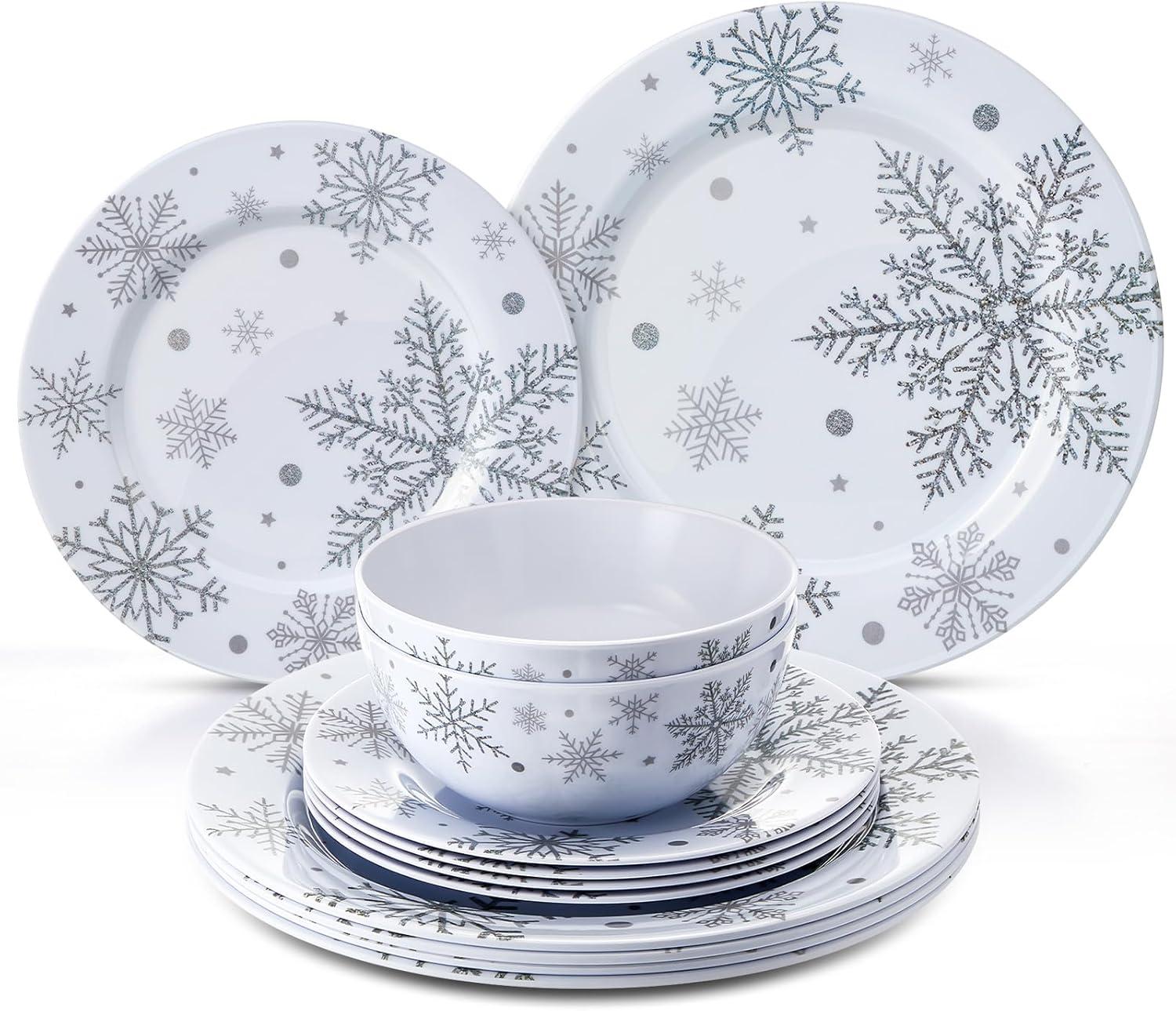 The Holiday Aisle® 12 Pcs Christmas Snowflake Melamine Dinnerware Set Plates And Bowls Set Include  Dinner Plates Plates Soup Bowl,Service For 4 For Christmas Winter Party Supplies