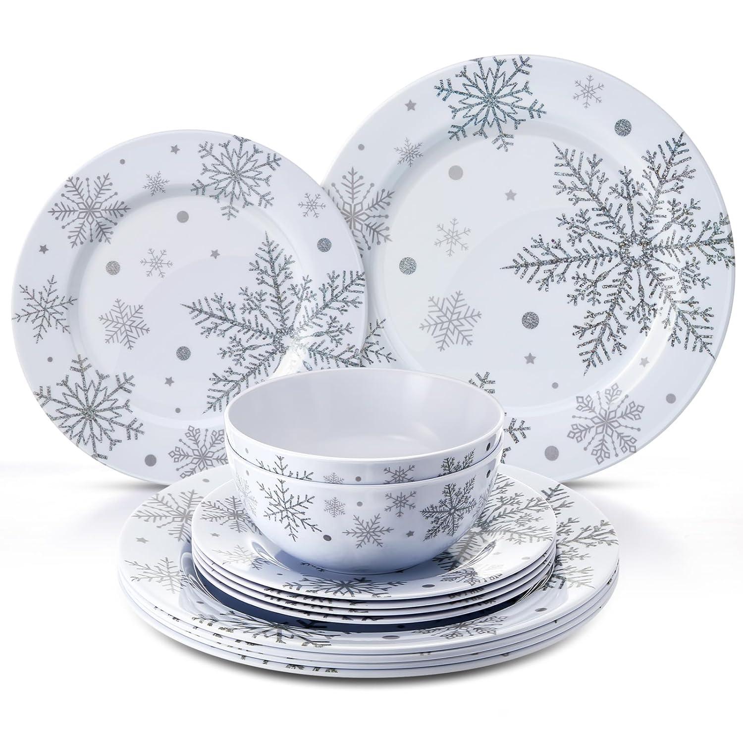 The Holiday Aisle® 12 Pcs Christmas Snowflake Melamine Dinnerware Set Plates And Bowls Set Include  Dinner Plates Plates Soup Bowl,Service For 4 For Christmas Winter Party Supplies