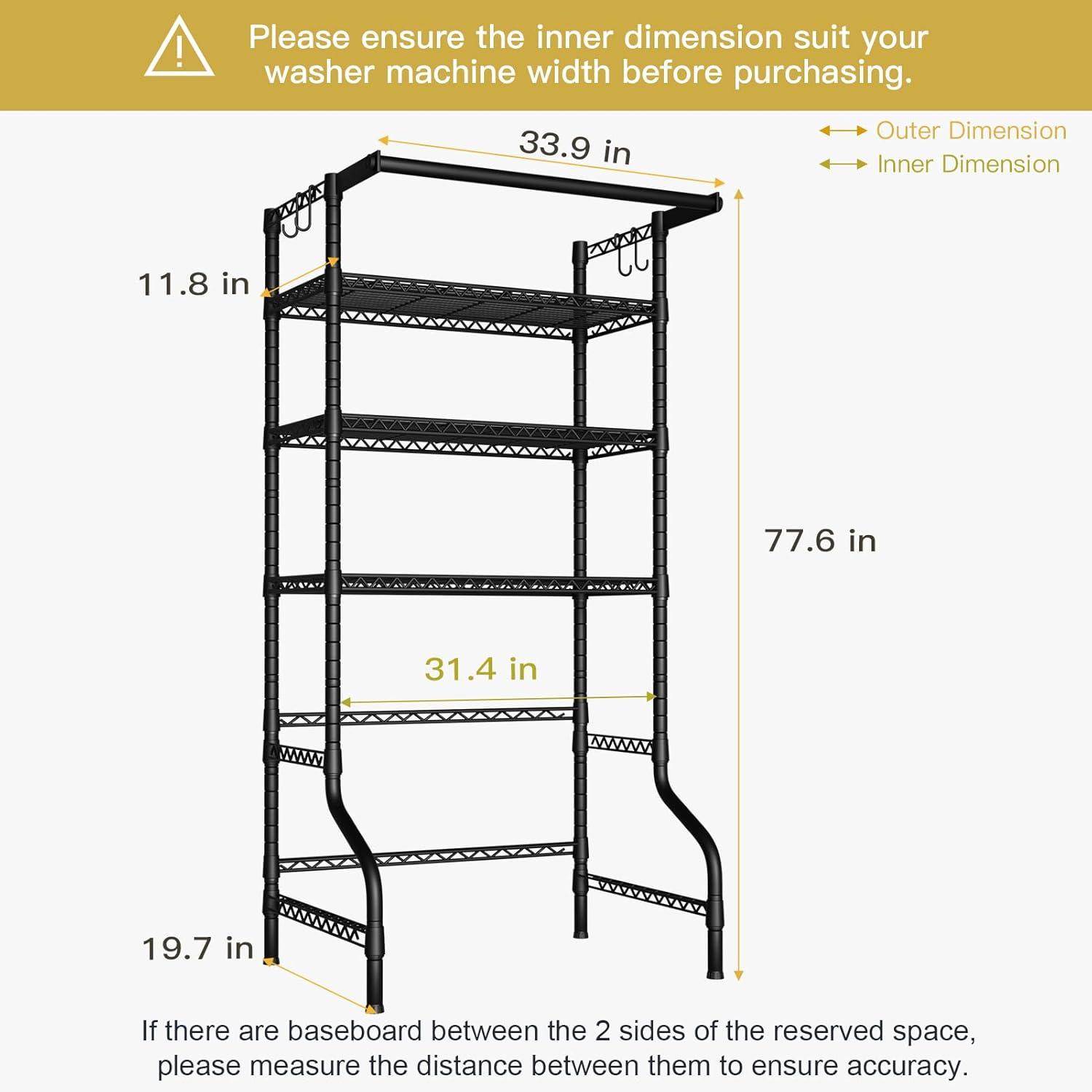 Mini Over Washer and Dryer Shelves, 3 Tiers Laundry Room Storage and Organizer Standing Shelf, Metal Freestanding Clothes Drying Rack, 28.3”W x 19.7”D x 77.6”H, Black