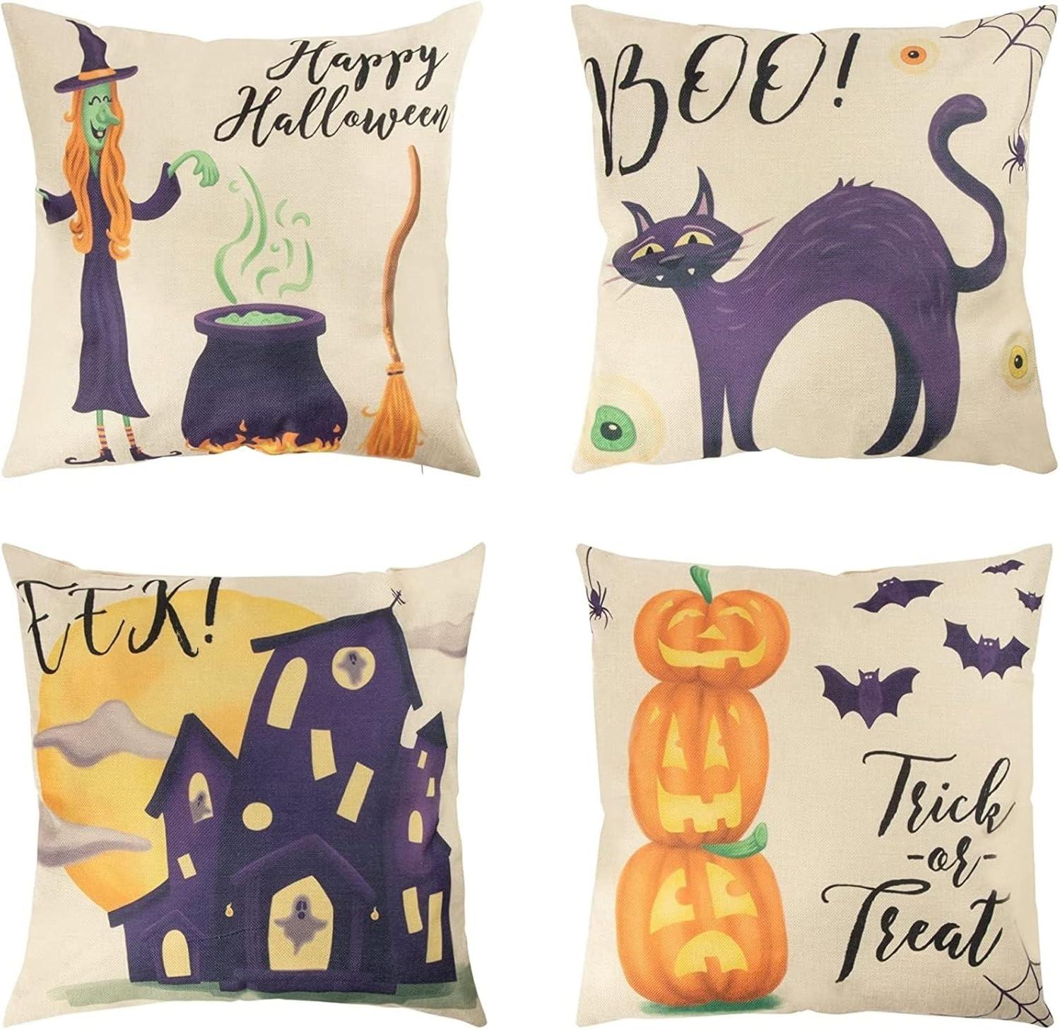 Juvale Set of 4 Fall Halloween Pillow Covers, 4 Spooky Designs, Square Throw Pillowcases for Halloween Decor (18 x 18 in)
