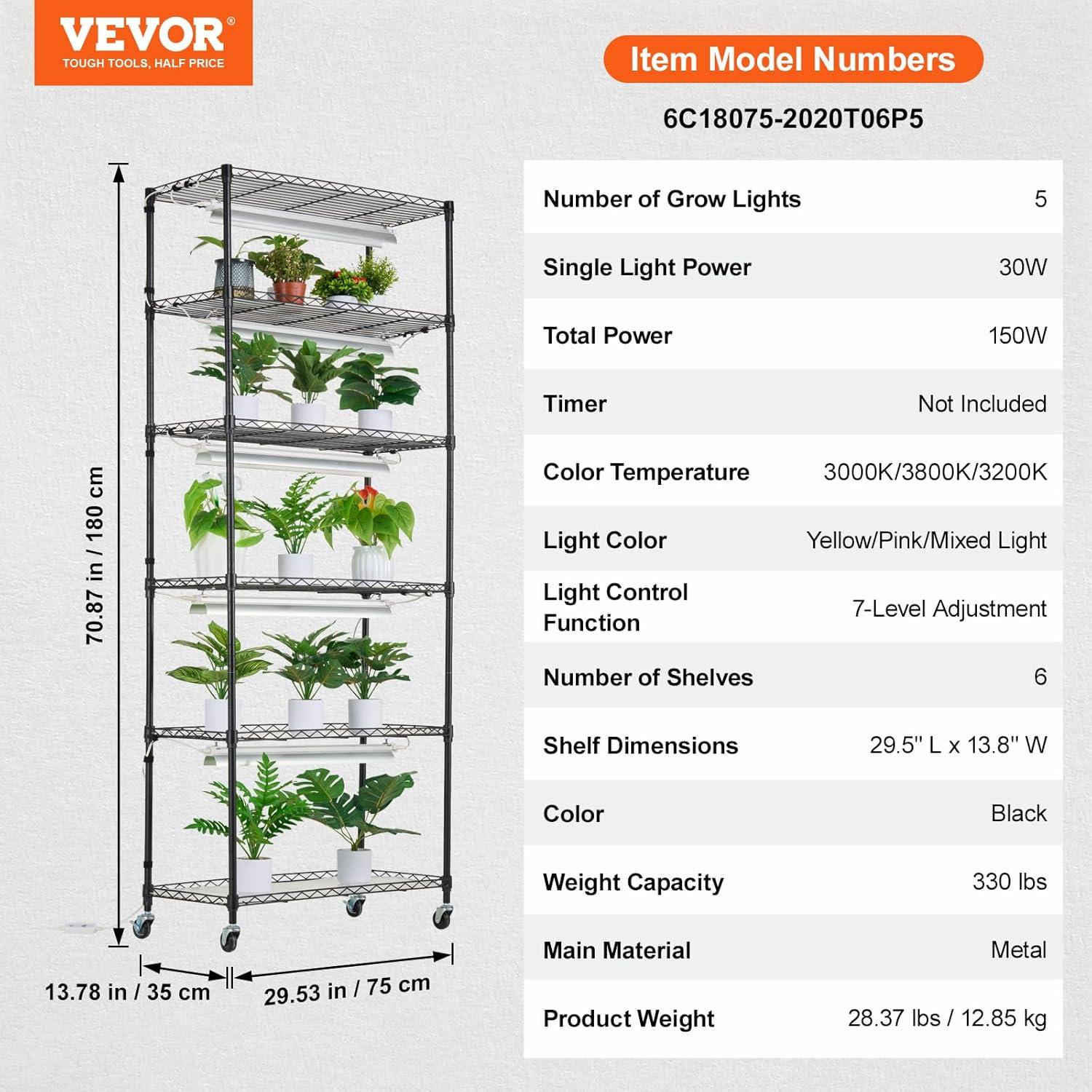 Tall Black Steel 6-Tier Plant Stand with LED Grow Lights