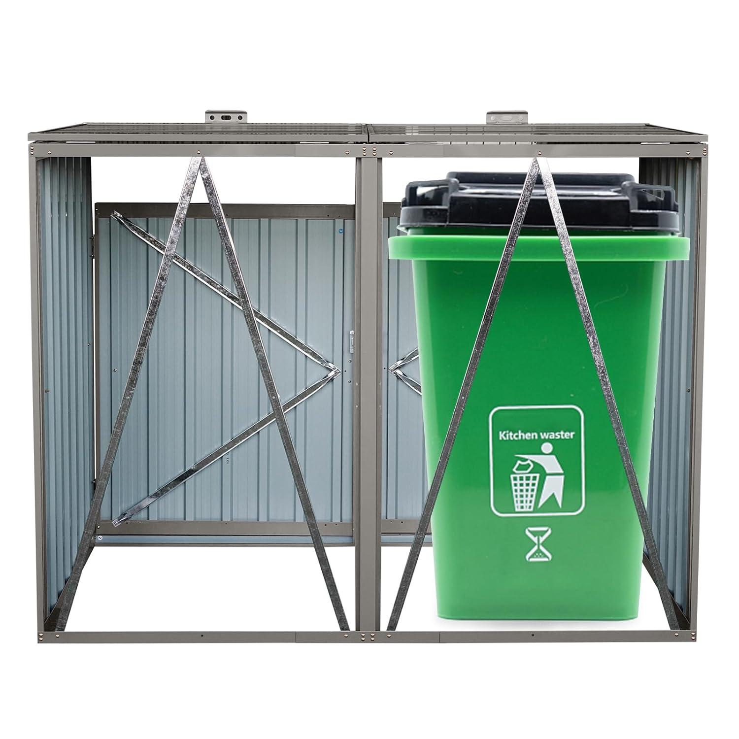 KAQCVIN Garbage Bin Shed Stores 2 Trash Cans Metal Outdoor Bin Shed