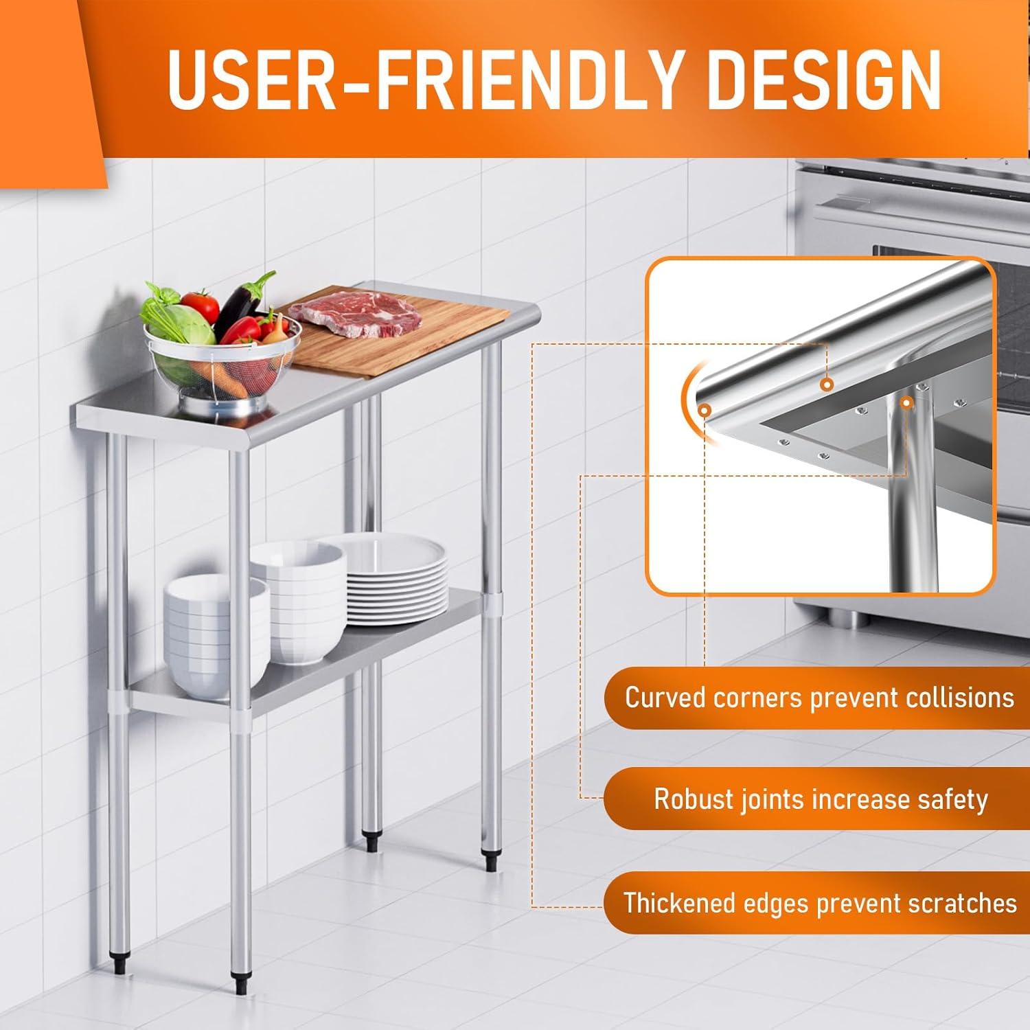Stainless Steel Table for Food Prep & Work 30 x 48 inches Utility Table with Adjustable Undershelf, Commercial Workstation in Kitchen, Garage, Outdoor BBQ