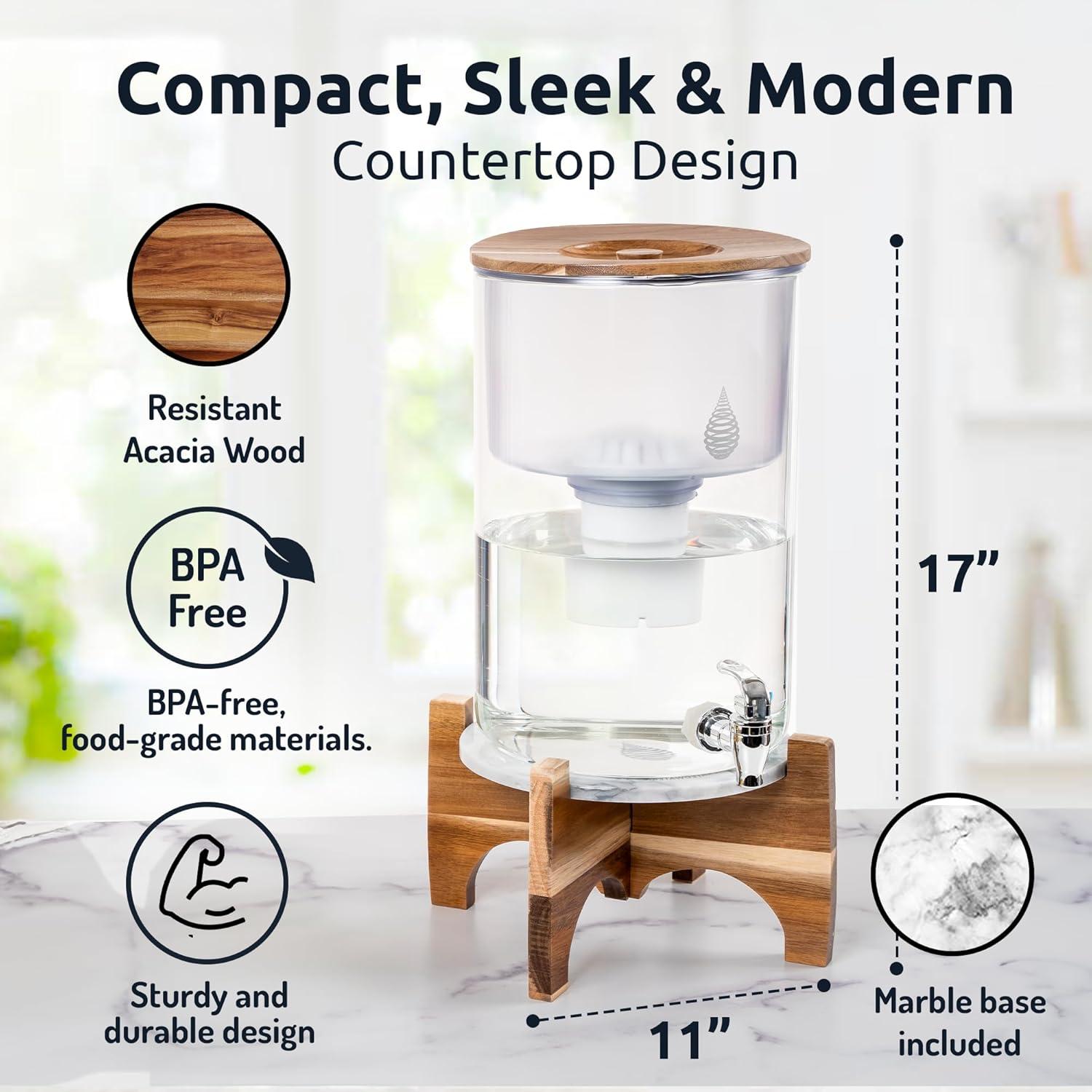 Invigorated Water pH Recharge Alkaline Water Filter Dispenser – BPA-Free Glass Countertop Water Filter Pitcher Purifier for Home & Office, 36-Cup Capacity, 360L Long Filter Life (Bamboo/Marble)
