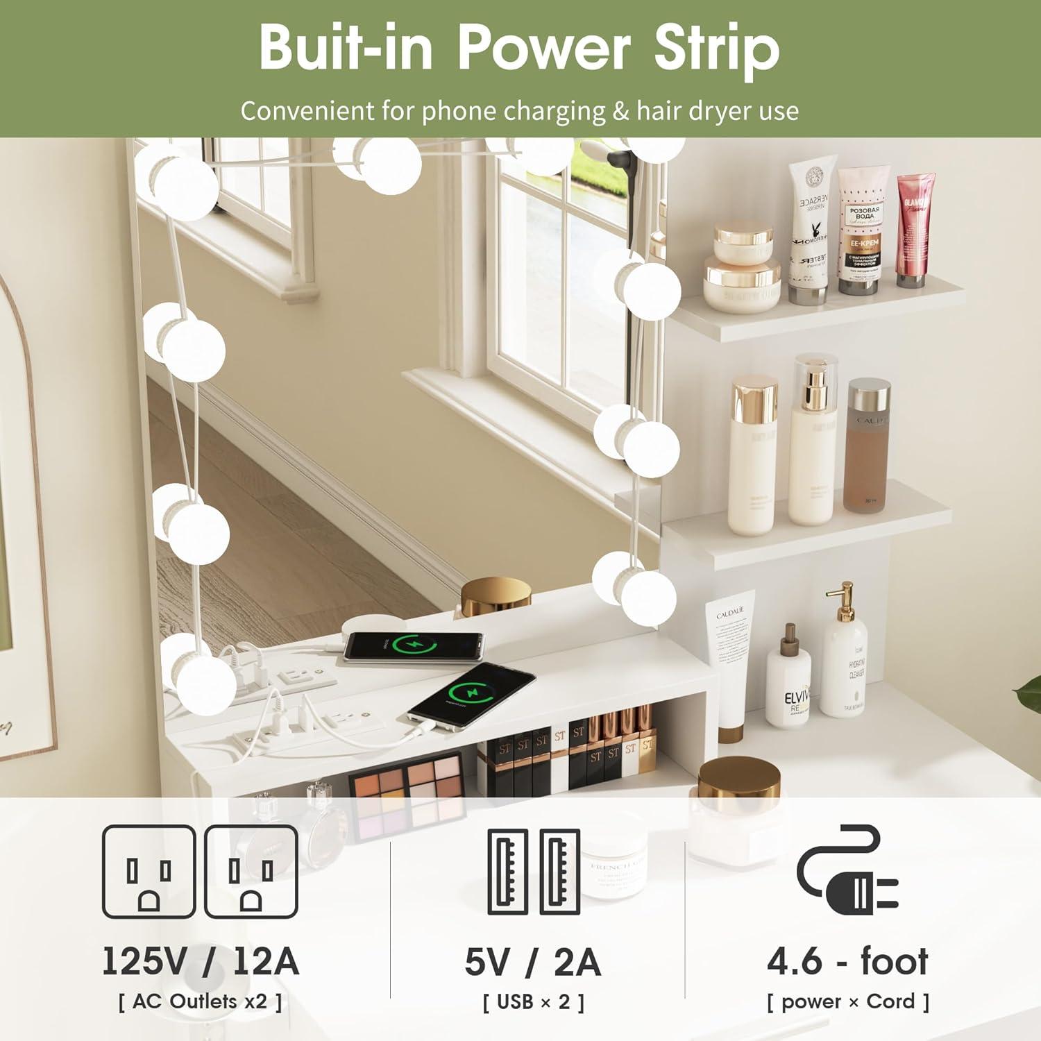 Vabches Small Vanity Desk with Mirror and Lights, Makeup Vanity with Storage Chair & Power Strip,Girl Dressing Table Set with Drawer for Bedroom,3 Lighting Modes,Brightness Adjustable,White