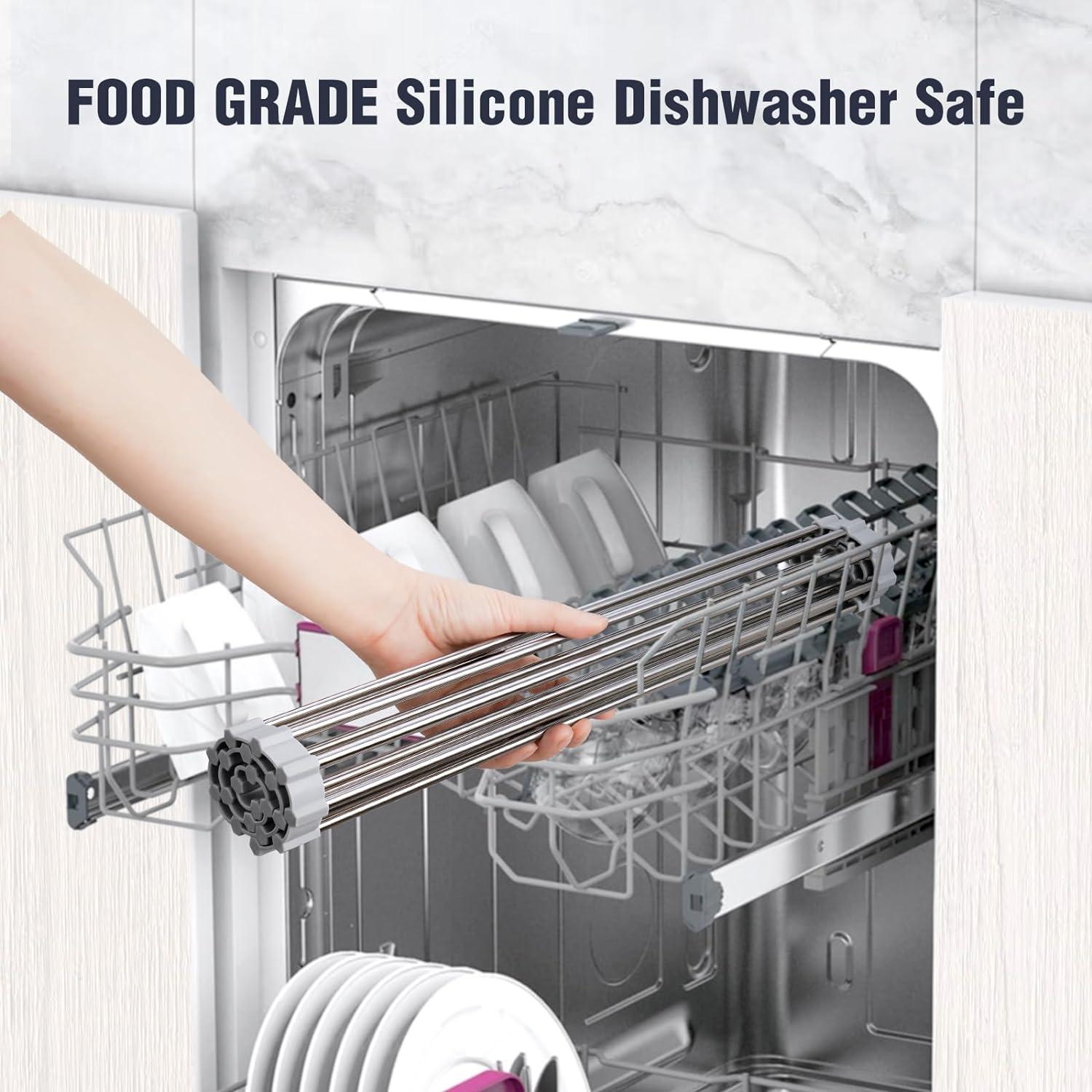 17.7" x 15.5" Roll Up Dish Drying Rack, Tomorotec Large Dish Racks Multipurpose Foldable Stainless Steel Over Sink Kitchen Drainer Rack for Cups Fruits Vegetables