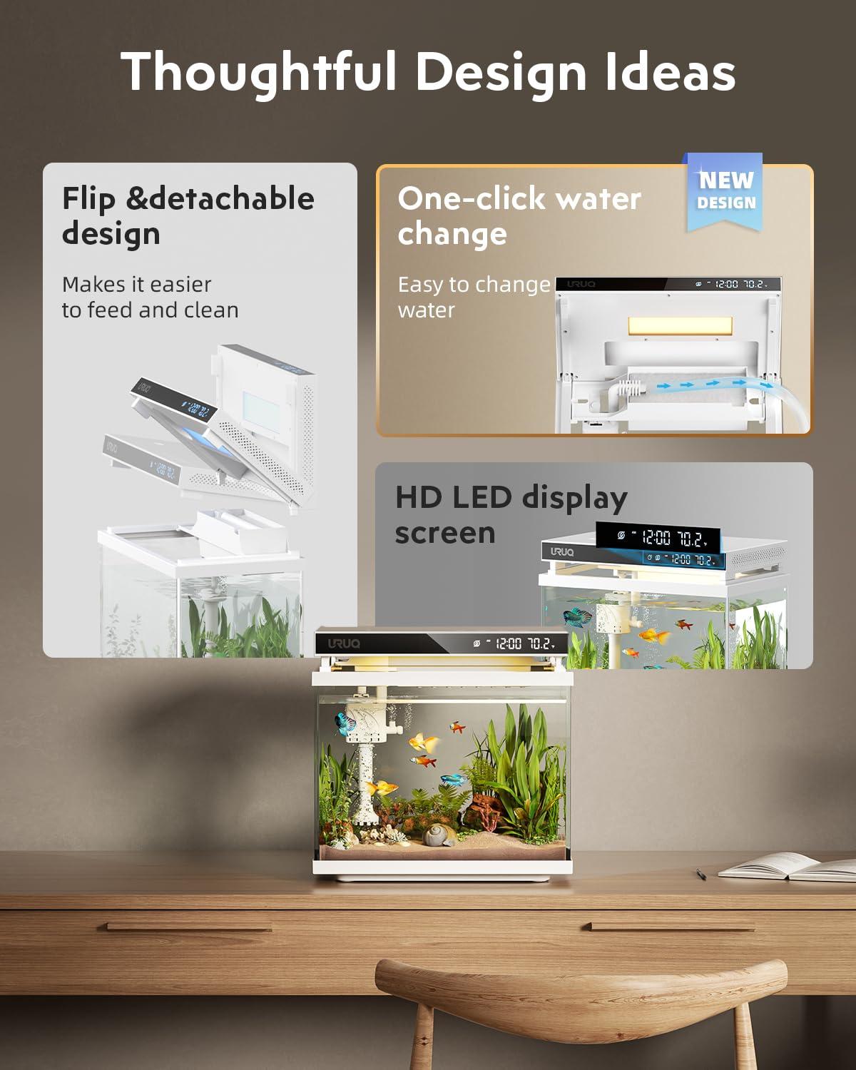 Latitude Run® Fish Tank Smart Aquarium Kit: 2 Gallon UHD Glass Silent Water Pump Self Cleaning Multi Layer Filtration System - Temperature Sensing 7-Color Lighting For Small Fish Betta Kids Room Desktop Decor