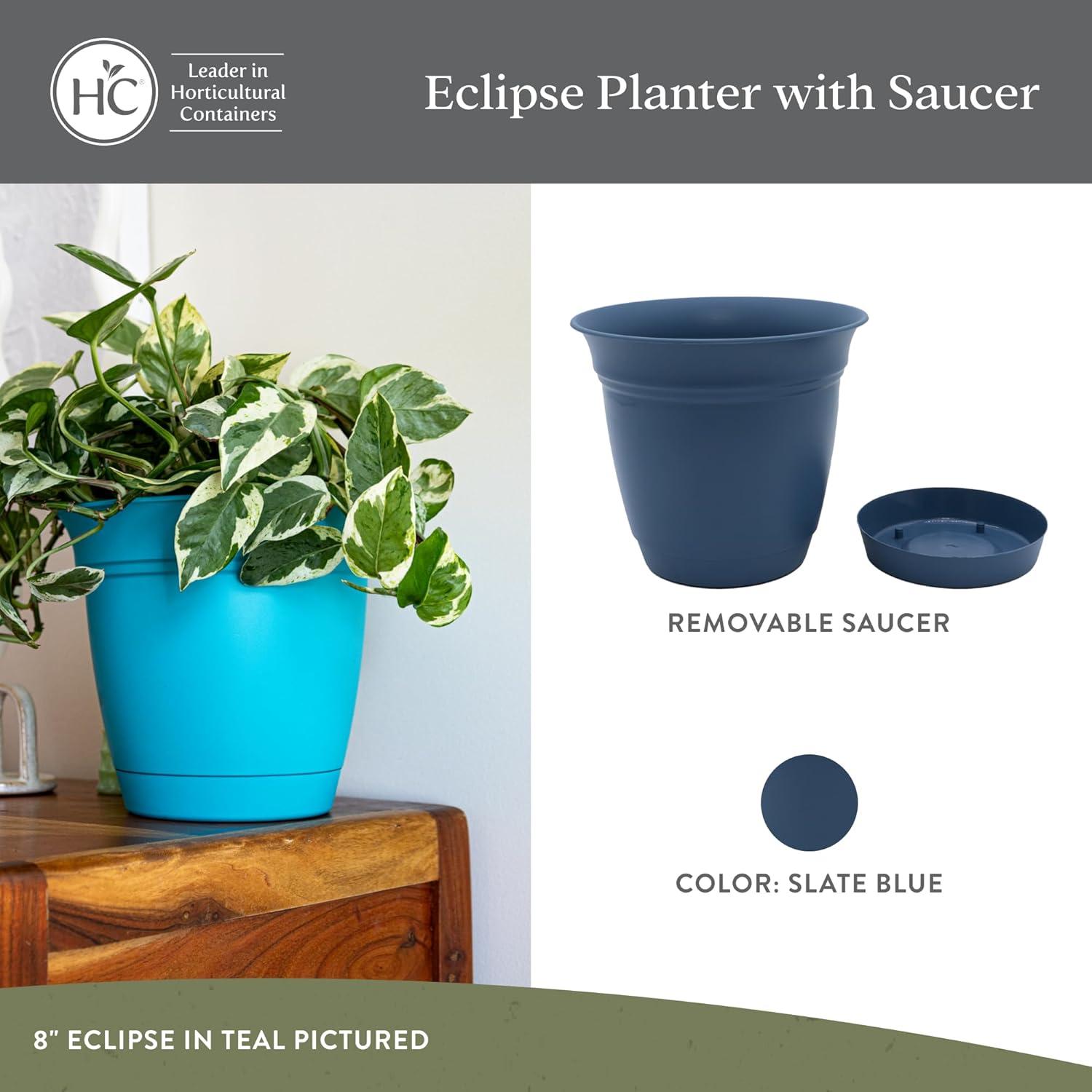 The HC Companies Eclipse Round Planter with Saucer - Outdoor & Indoor Plant Pot with Drainage Holes - Lightweight, UV-Resistant Plastic Pots for Plants, Flowers & Herbs (10" Slate Blue, Pack of 1)