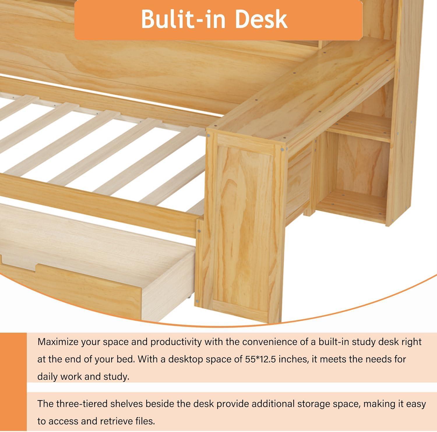 Wooden Daybed with Storage Shelves, Multi-functional Bed with Two Storage Drawers and Study Desk Natural - Full