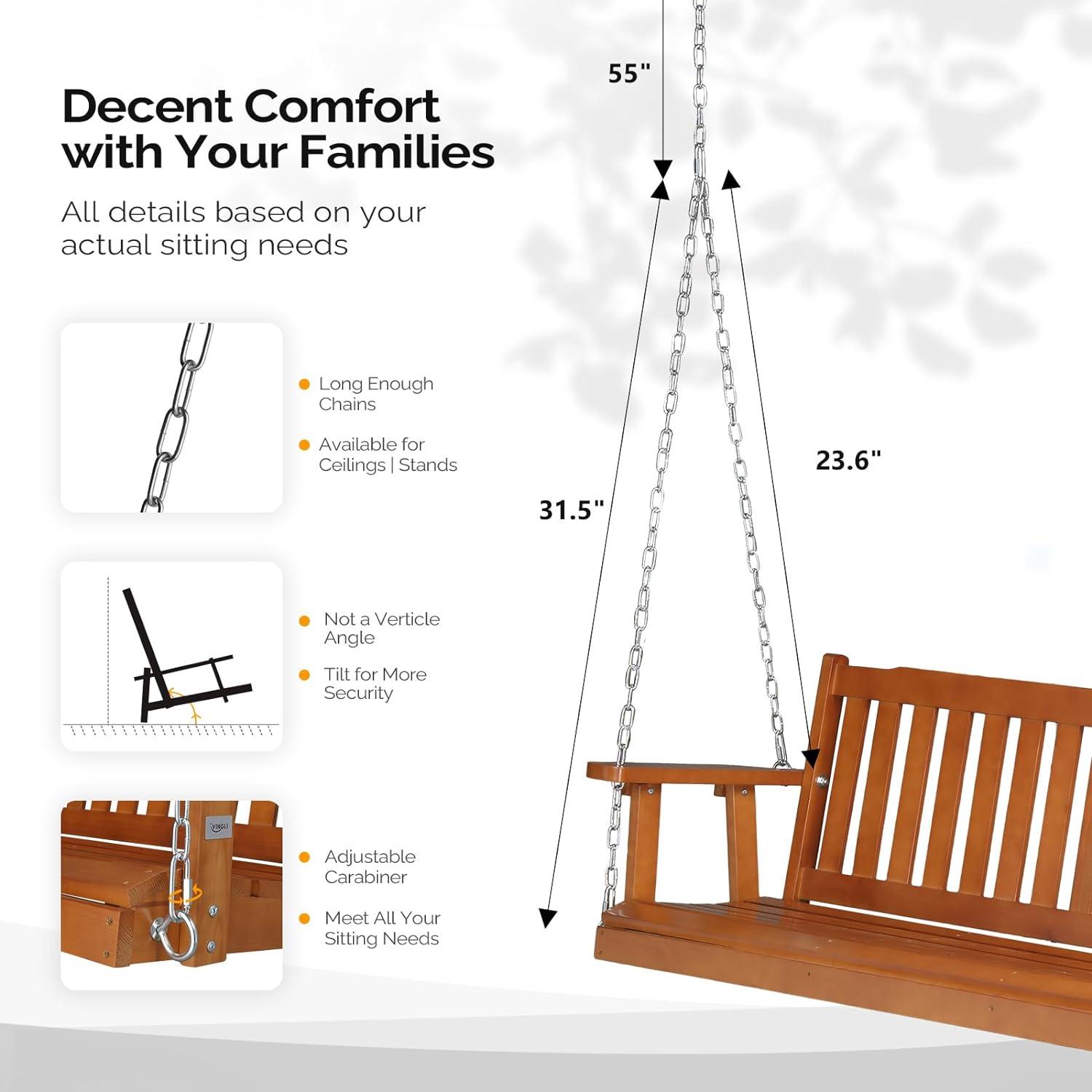 5 FT Brown Pine Outdoor Porch Swing with Adjustable Chains