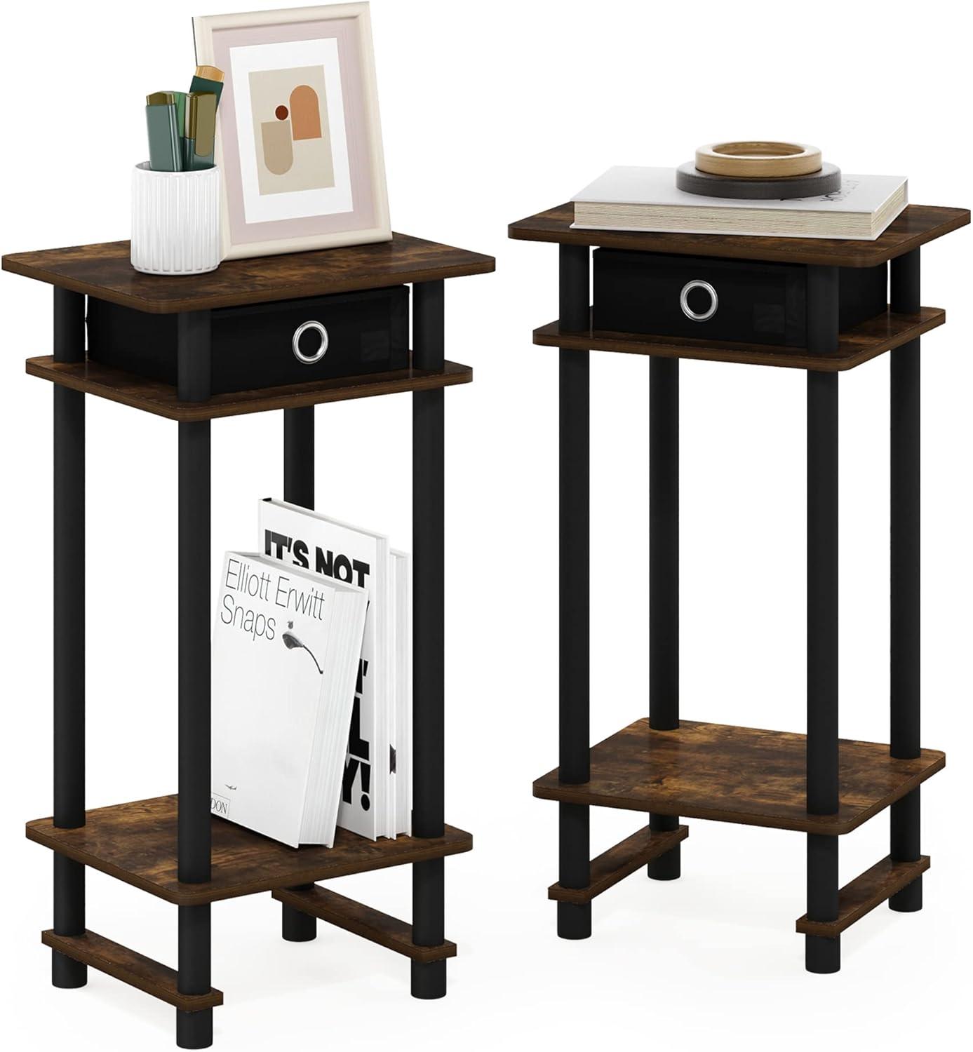 Furinno 2-17017 Turn-N-Tube Tall End Table with Bin, Amber Pine/Black/Black, Set of 2