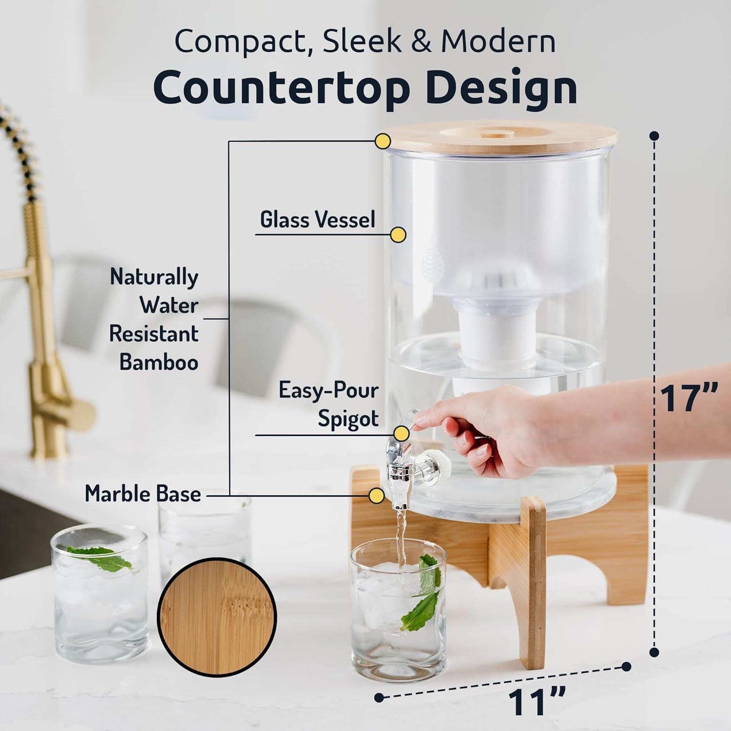 Invigorated Water pH Recharge Alkaline Water Filter Dispenser – BPA-Free Glass Countertop Water Filter Pitcher Purifier for Home & Office, 36-Cup Capacity, 360L Long Filter Life (Bamboo/Marble)