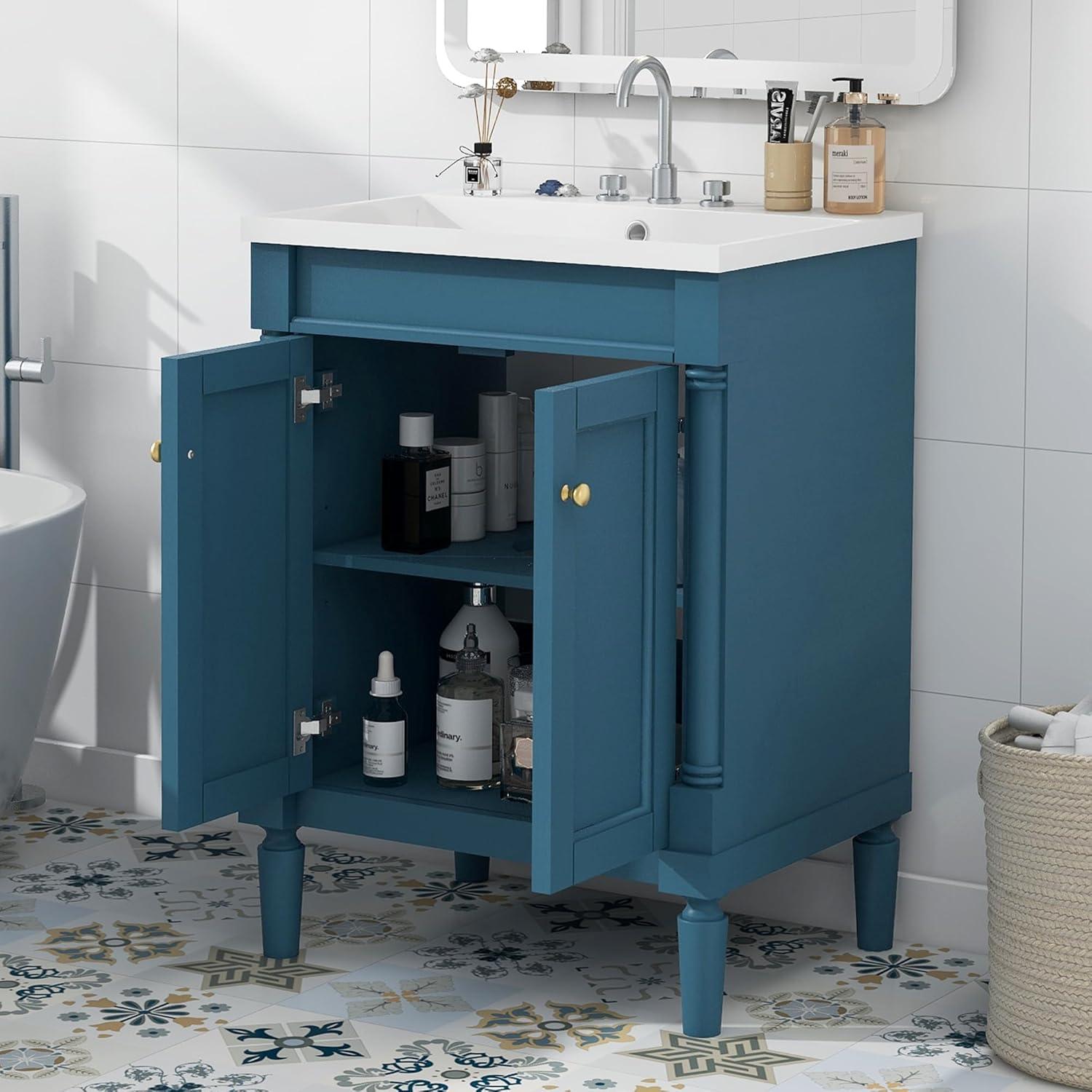 Green Shaker Style Bathroom Vanity with Tempered Glass Top