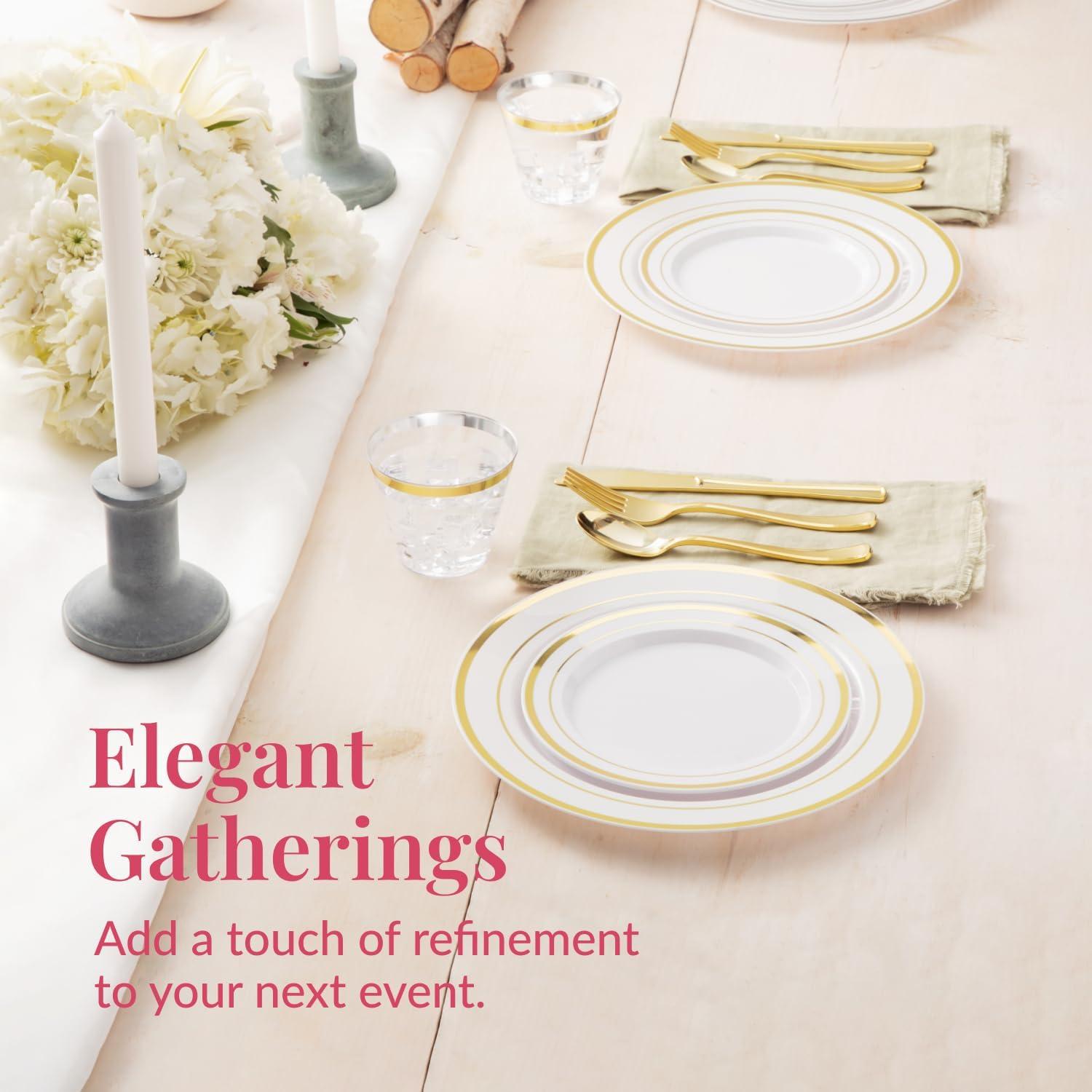 Gold Disposable Dinnerware Set for 100 Guests - 600PC BPA-Free Plastic Plates & Cutlery Kit with 100 Dinner Plates, Salad Plates, Forks, Knives, Spoons & Cups for Wedding, Party, Catering (Heavy-Duty)