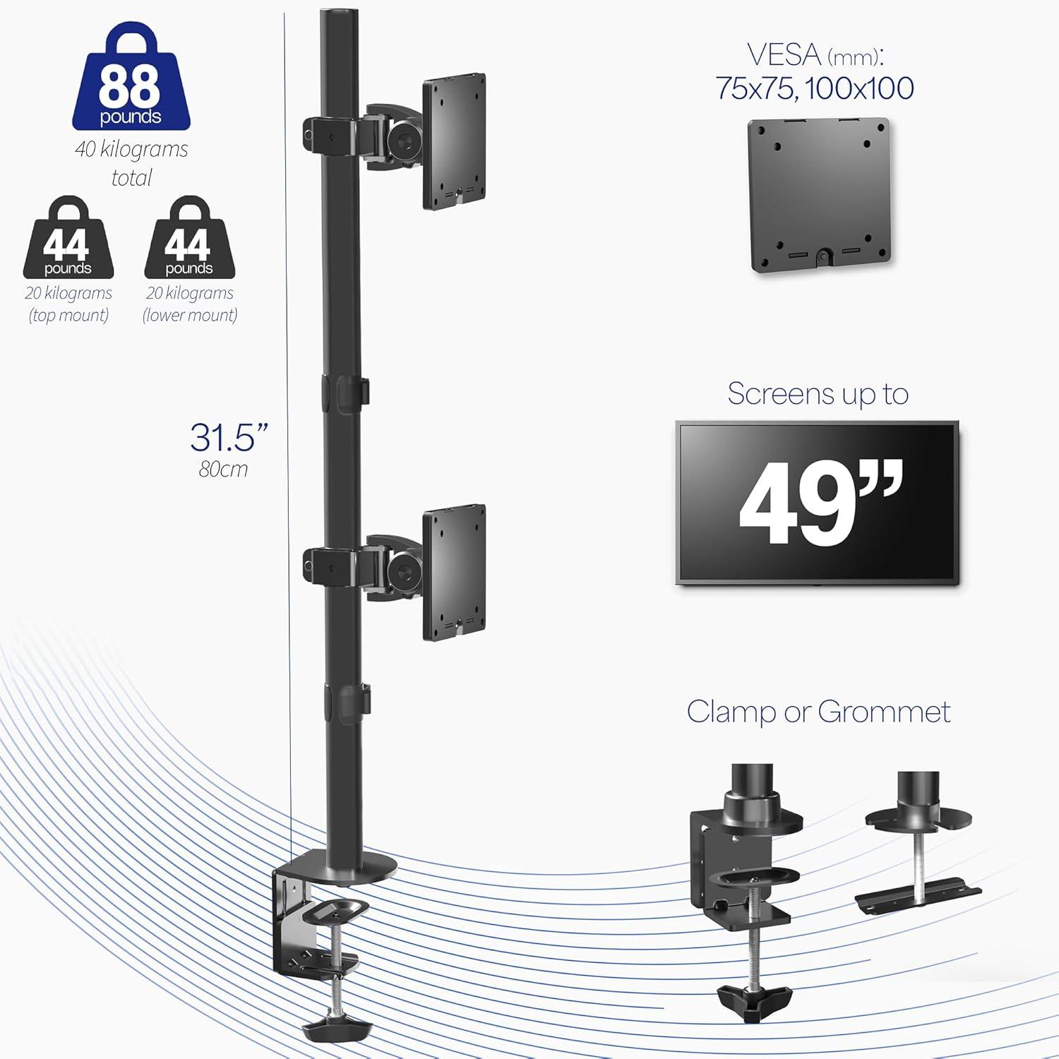 Dual Vertically Stacked Black Steel Monitor Desk Mount for 49" Ultrawide Screens