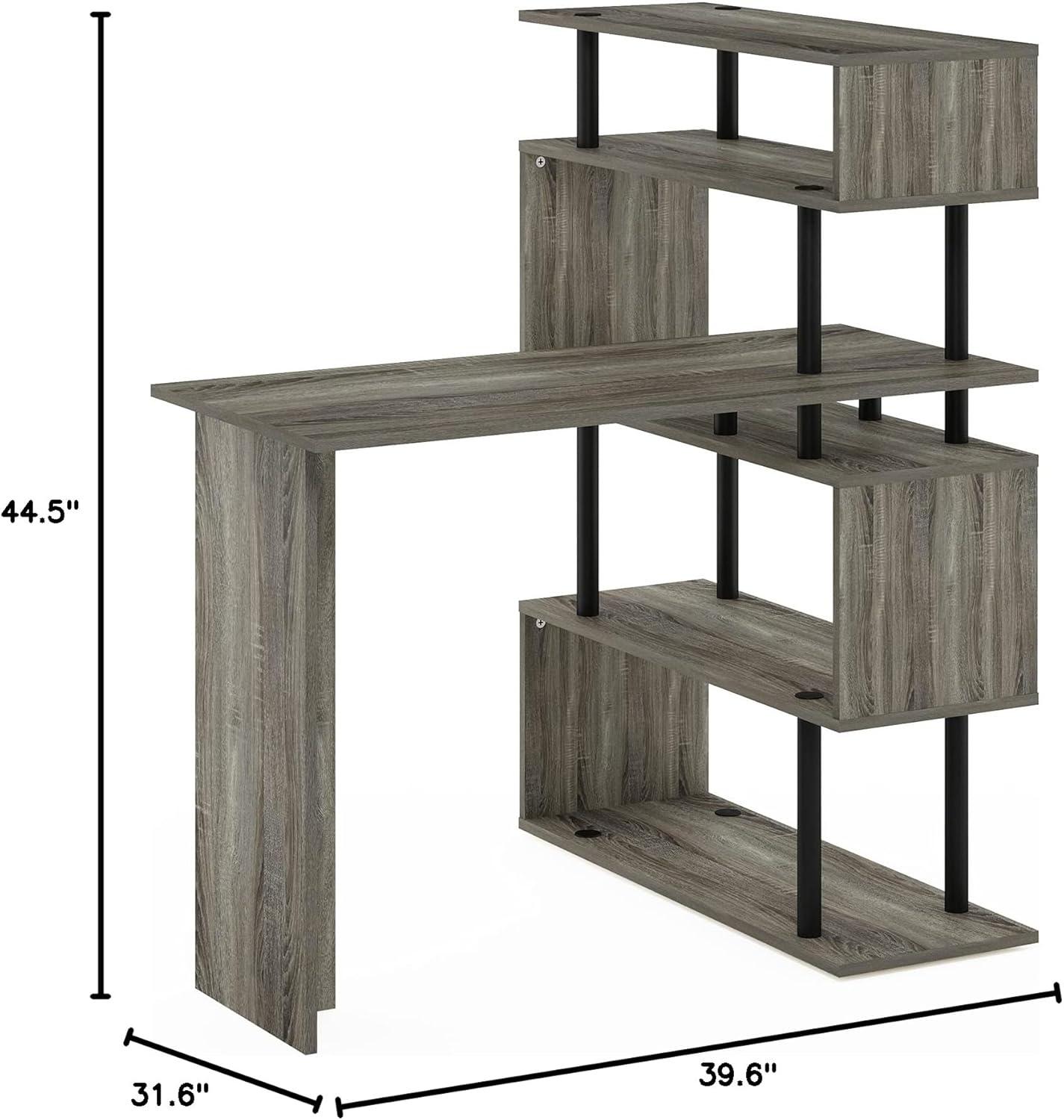 Furinno Moore L-Shape Computer Desk with 5-Tier Shelves, French Oak/Black