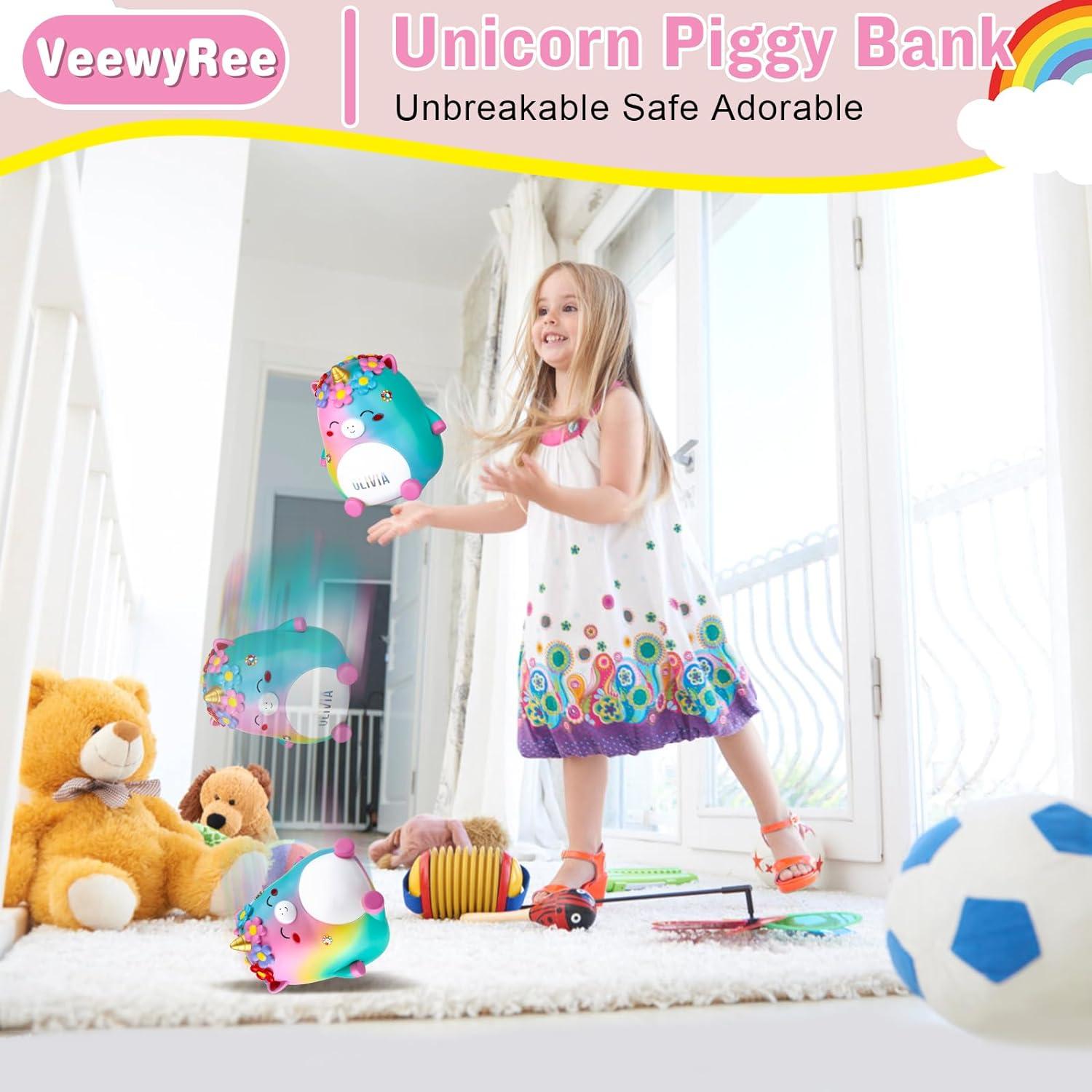 Unicorn Piggy Bank Girls – Cute Rainbow Kids Piggy Bank for Girls, Personalized Unbreakable Resin Coin Money Bank for Kids with Stickers for Toddlers