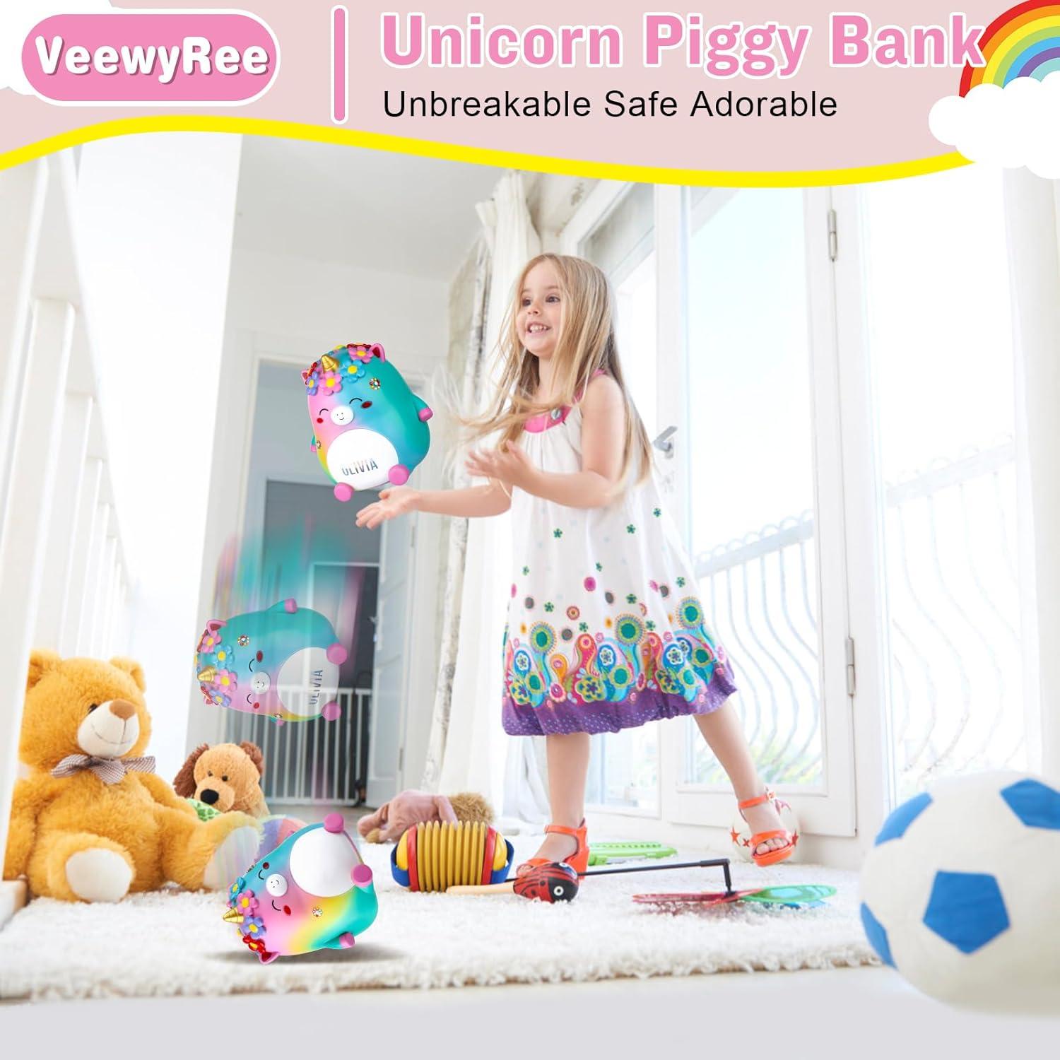 Unicorn Piggy Bank Girls – Cute Rainbow Kids Piggy Bank for Girls, Personalized Unbreakable Resin Coin Money Bank for Kids with Stickers for Toddlers
