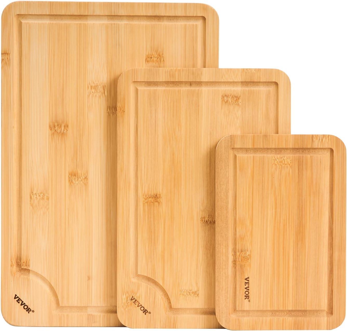 VEVOR Cutting Board 3 Pieces, Premium Versatile Bamboo Cutting Board, Food-Grade Oil and Juice Groove,Sturdy Durable Chopping Board, Built-in Handle, Wooden Cutting Board for Display Chopping Serving