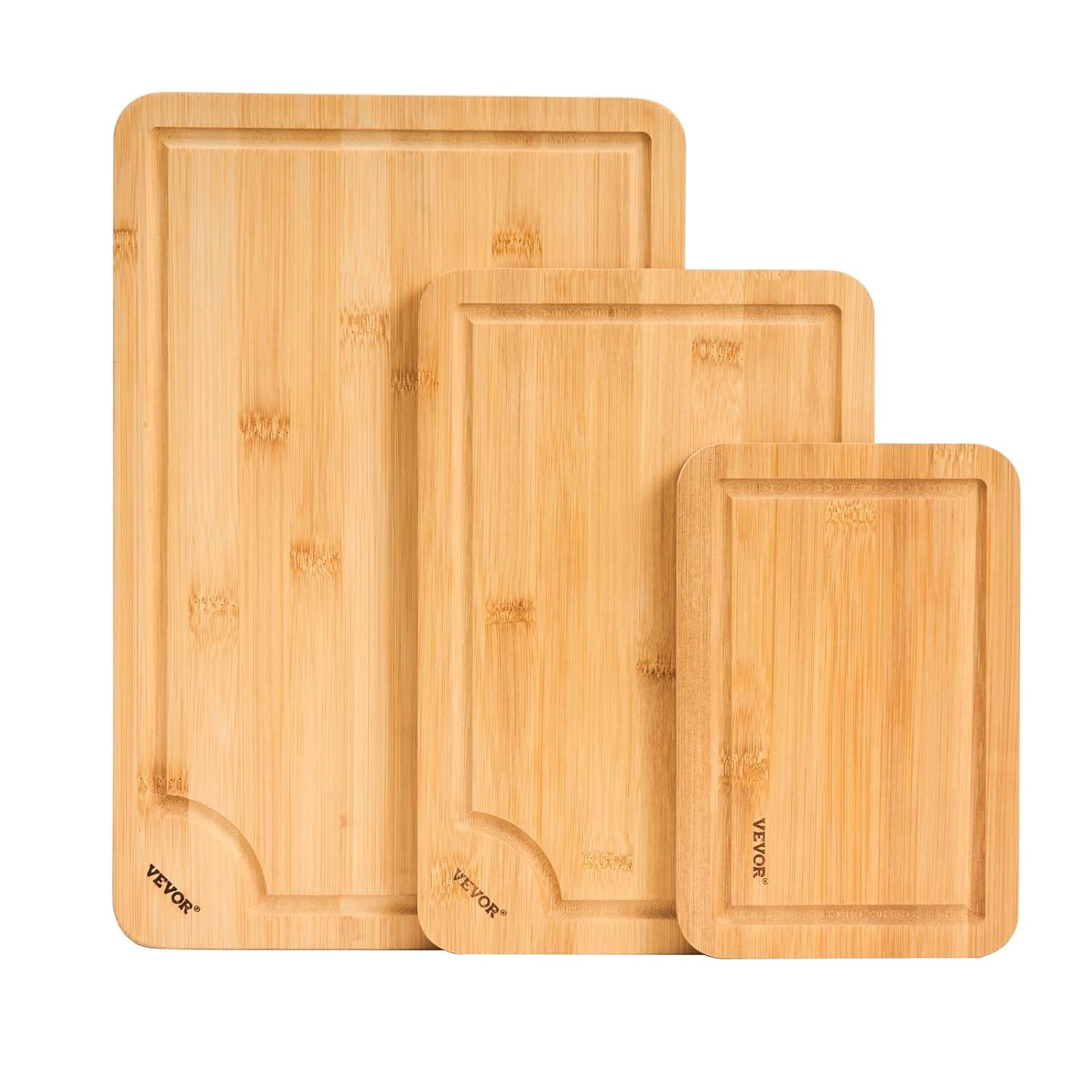 VEVOR Cutting Board 3 Pieces, Premium Versatile Bamboo Cutting Board, Food-Grade Oil and Juice Groove,Sturdy Durable Chopping Board, Built-in Handle, Wooden Cutting Board for Display Chopping Serving