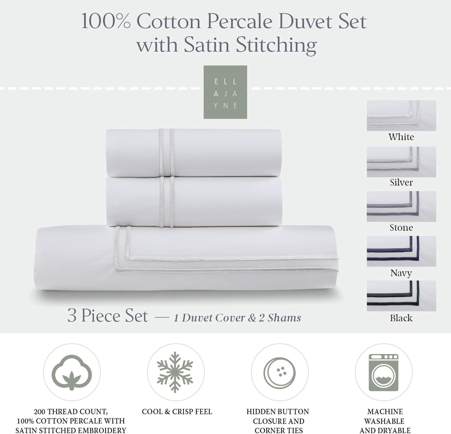 Elegant White Cotton Percale Full/Queen Duvet Set with Satin Stitching