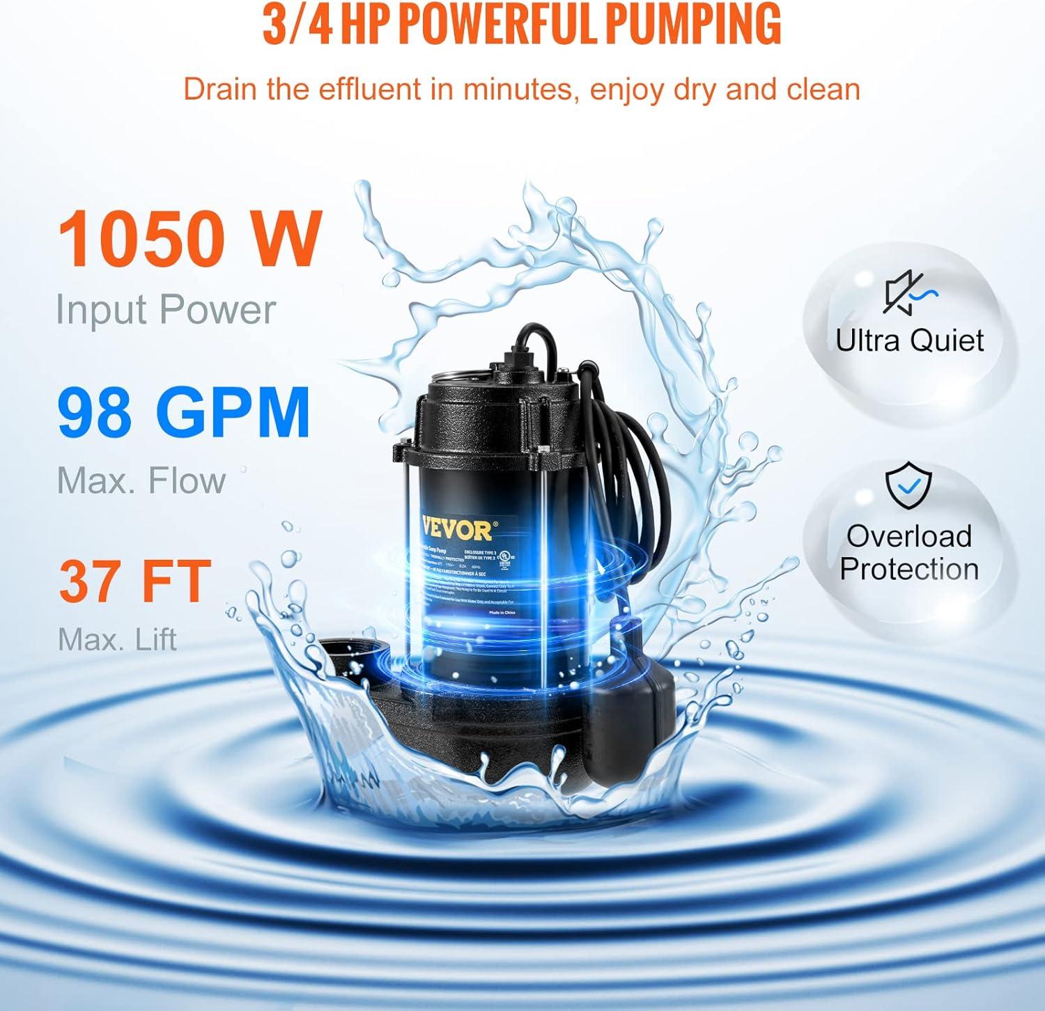 VEVOR 3/4 HP Black Cast Iron Submersible Sewage Pump with Float Switch