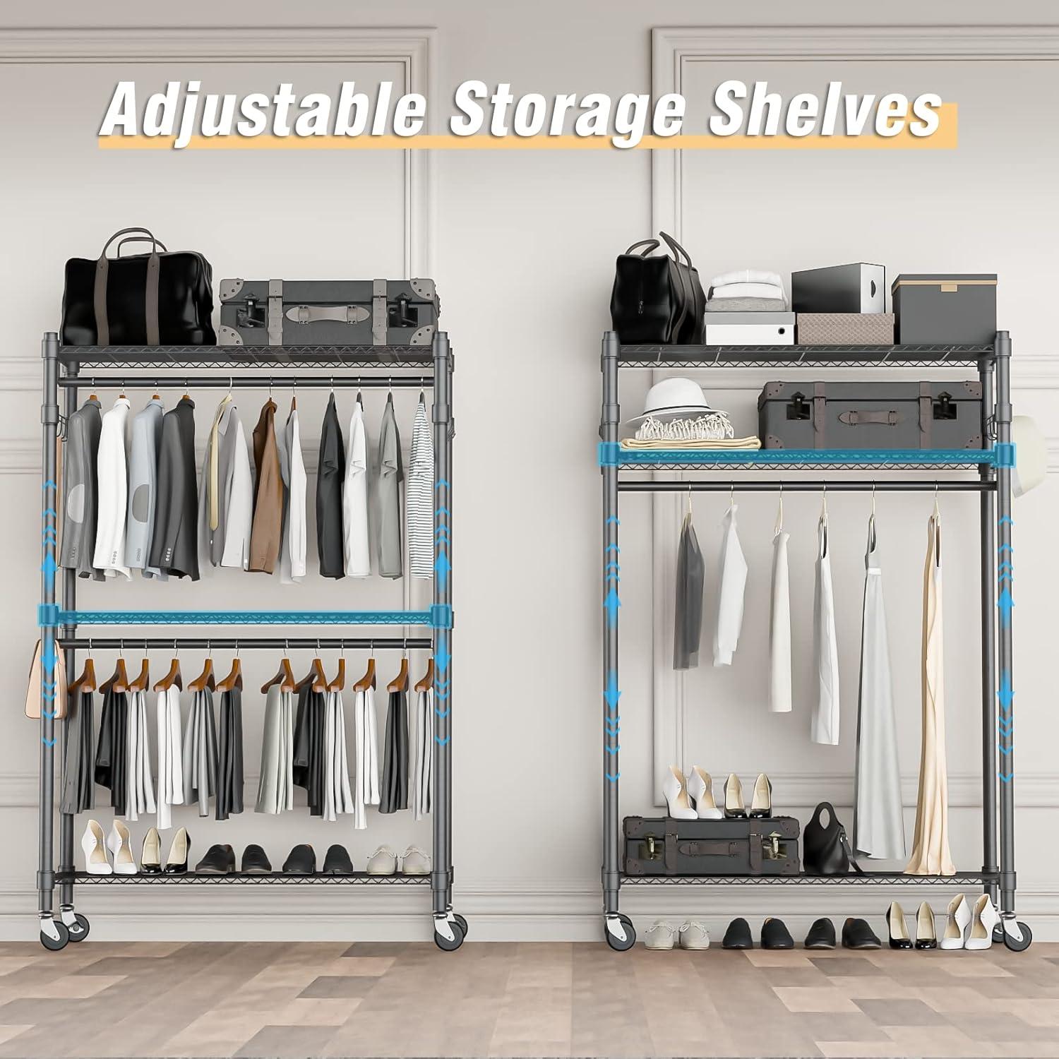 Gray Industrial Metal 3-Shelf Rolling Garment Rack with Hooks