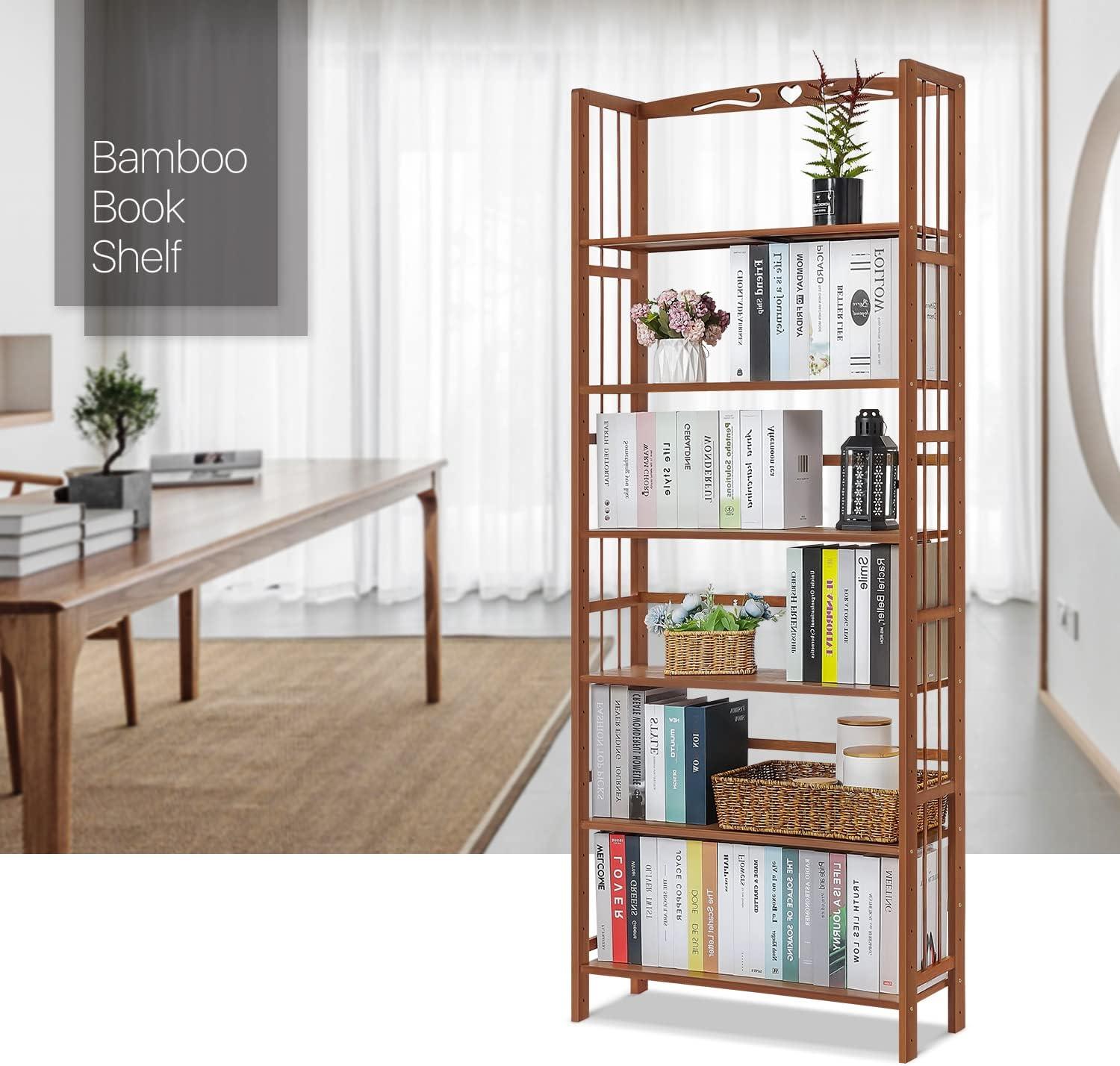 MoNiBloom Bamboo 6 Tiers Open Bookshelf, Adjustable Display Storage Shelf Rack,Brown, for Living Room