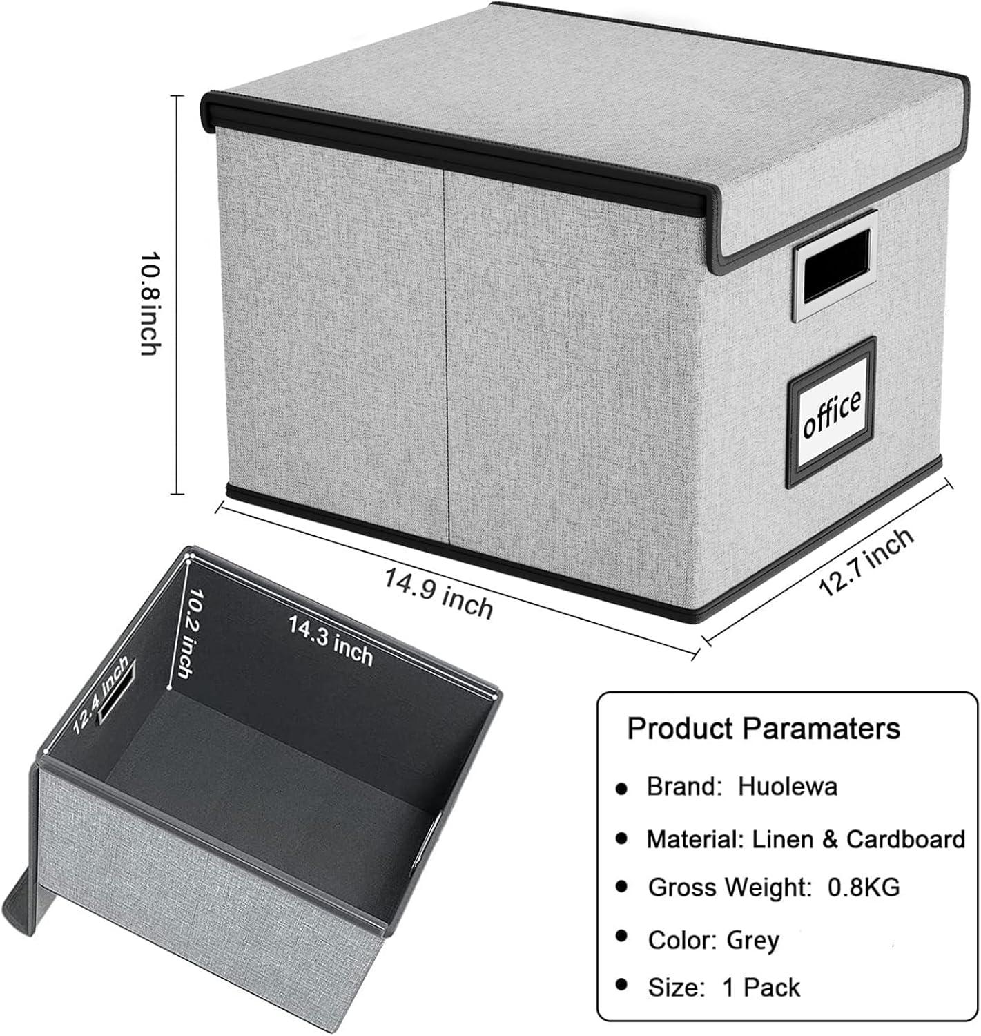 Huolewa Portable File Organizer Box, Office Document Storage Organizer Box with Lid, Linen Hanging Filing Storage Box, Decorative Home/Office Filing System for File and Folders Storage (Light Grey)