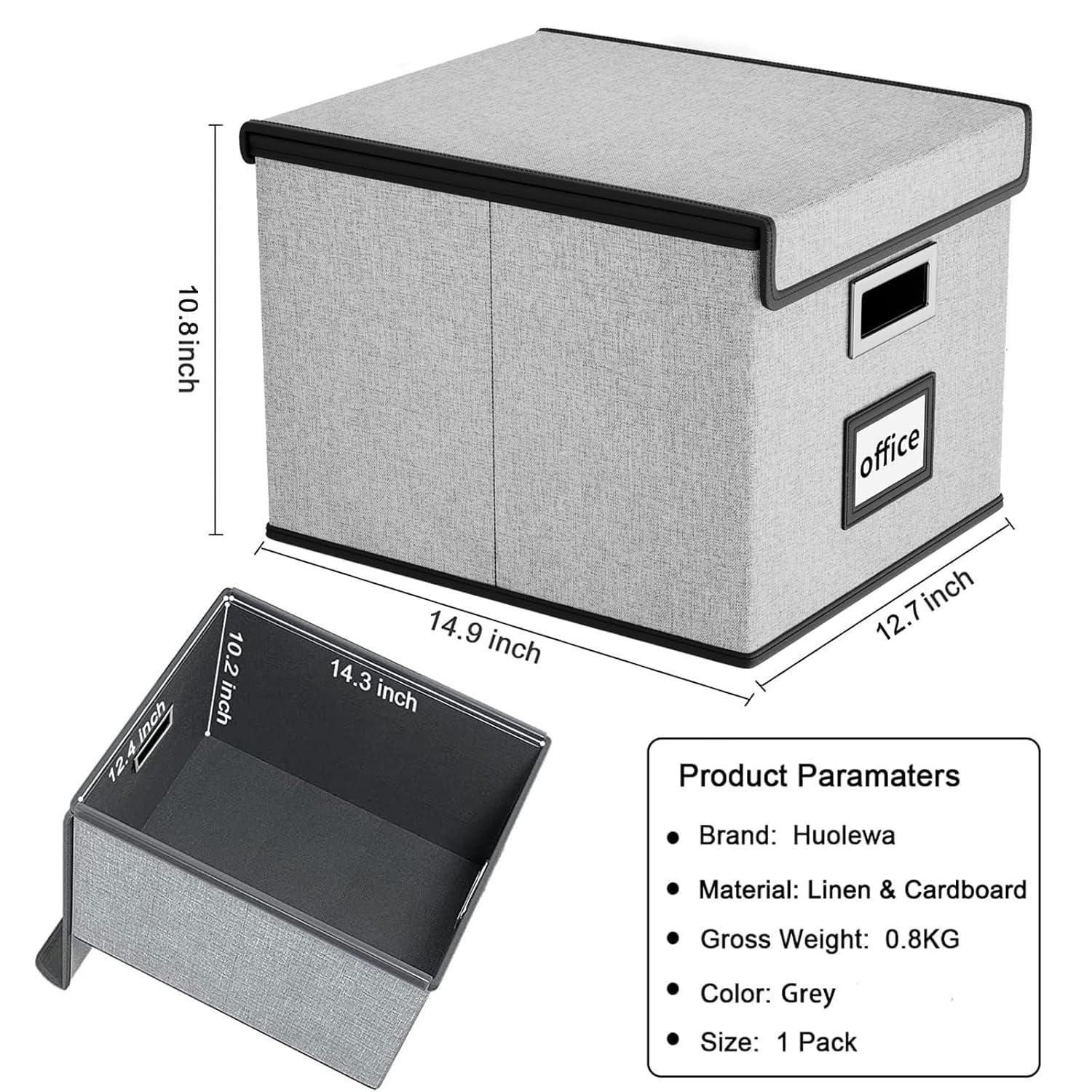 Huolewa Portable File Organizer Box, Office Document Storage Organizer Box with Lid, Linen Hanging Filing Storage Box, Decorative Home/Office Filing System for File and Folders Storage (Light Grey)