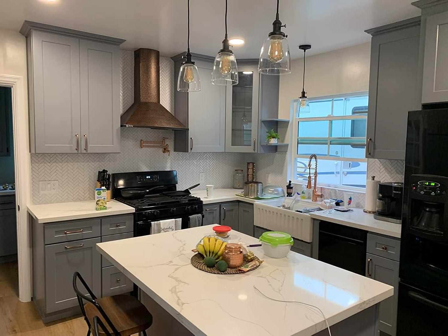 PERMO Vintage Rustic Industrial 3-Lights Kitchen Island Chandelier Triple 3 Heads Pendant Hanging Ceiling Lighting Fixture with Funnel Flared Clear Glass Shade (Black)