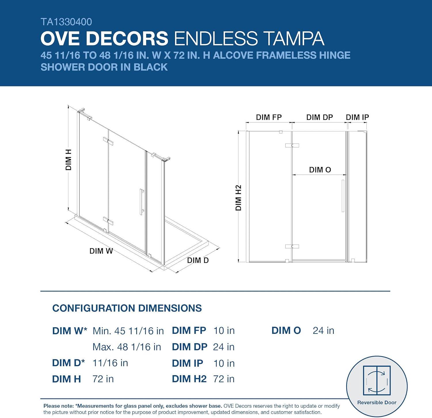 Endless Tampa 48" W x 72" H Alcove Frameless Shower Kit, Door, 2 Panel