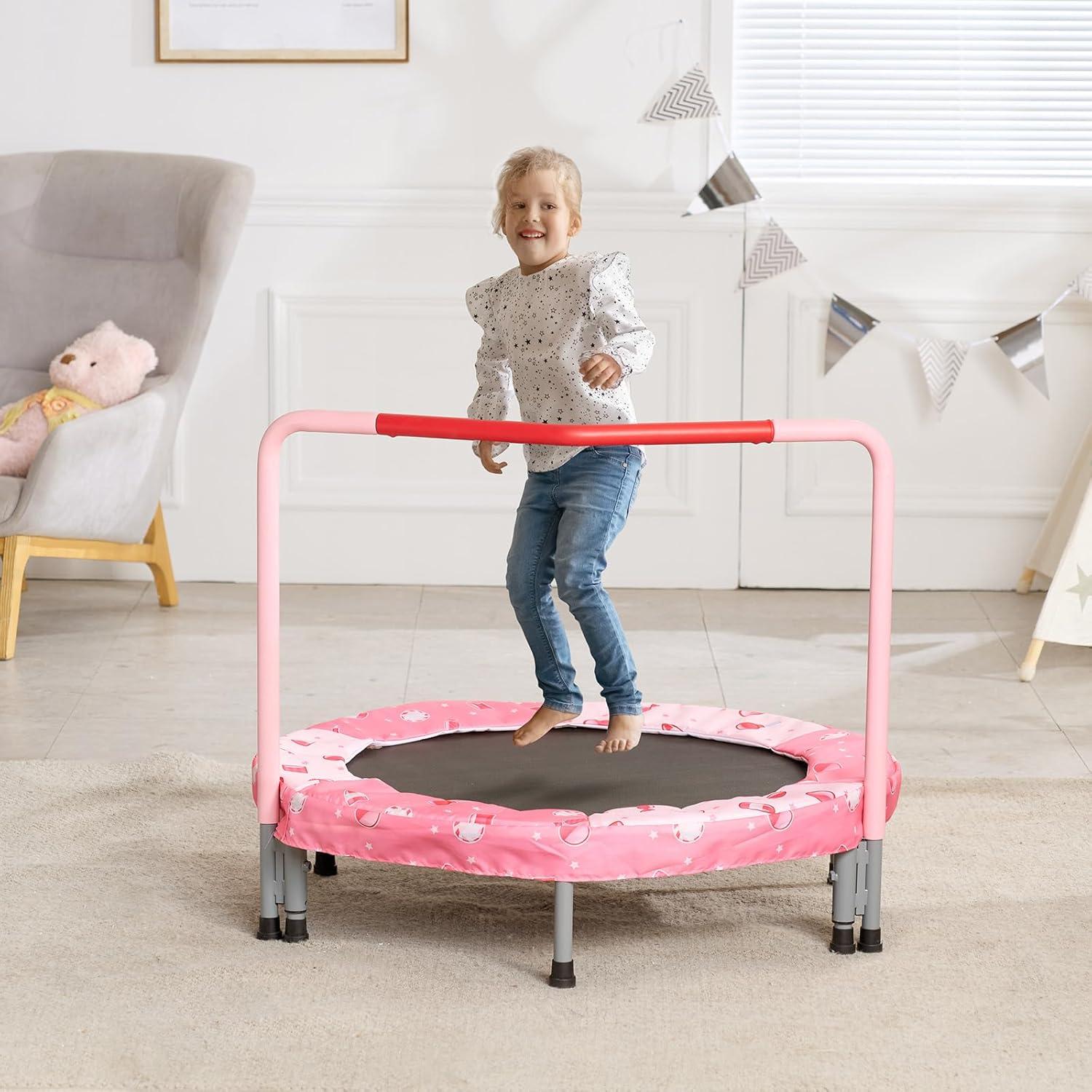 Pink Foldable Kids' Trampoline with Foam Handle