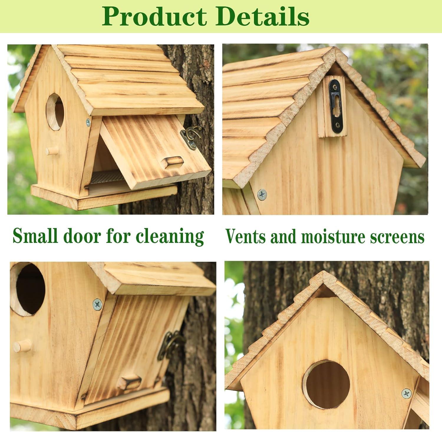 Natural Wood Hanging Birdhouse with Ventilation and Cleaning Door