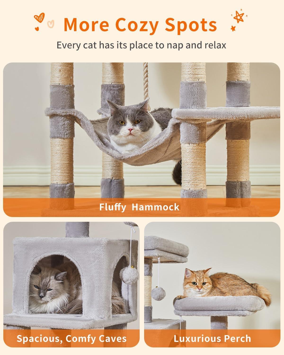 Feandrea 56.3'' Cat Tree Tower for Indoor Cats ,Multi-Level Cat Condo Cat Furniture with Scratching Posts, Perches, Hammock, Cave ,Light Gray