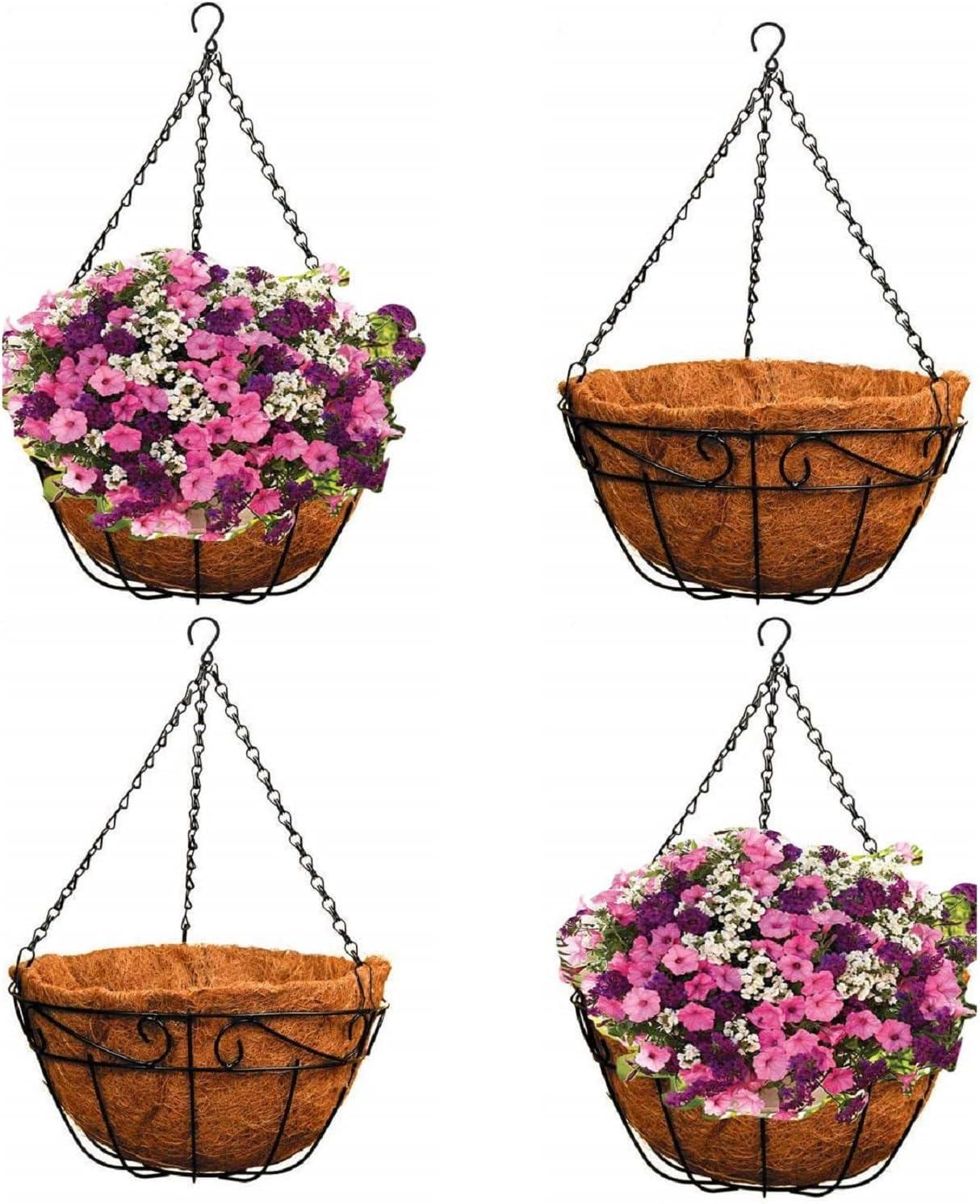 Ashman Online, 14 inch Metal Hanging Planter Basket Black Color, with Coco Coir Liner Round, Wire Plant Holder Chain Porch Hanger Garden Decoration Indoor Outdoor Watering Hanging Baskets 4Pack.