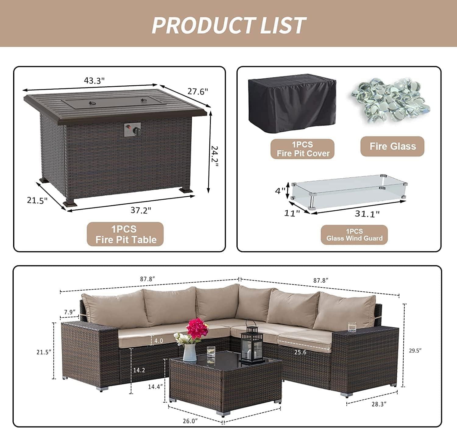 7-Piece Brown Wicker Patio Set with Sand Cushions and Fire Pit