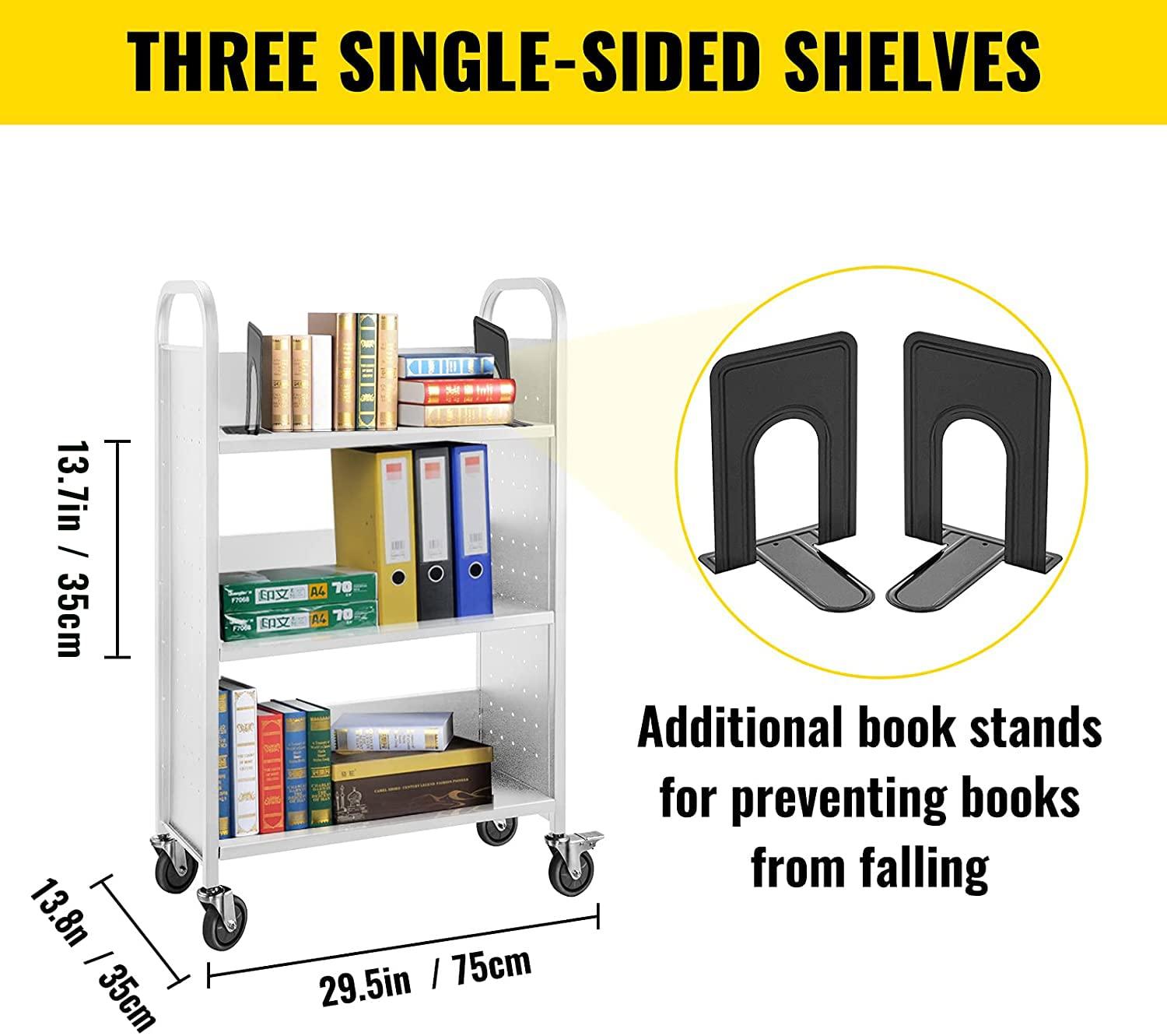 VEVOR Book Cart, 200lbs Library Cart, 30x14x49 Inch Rolling Book Cart Single Sided V-Shaped Sloped Shelves with 4 Inch Lockable Wheels, for Home Shelves Office and School Book Truck in Black