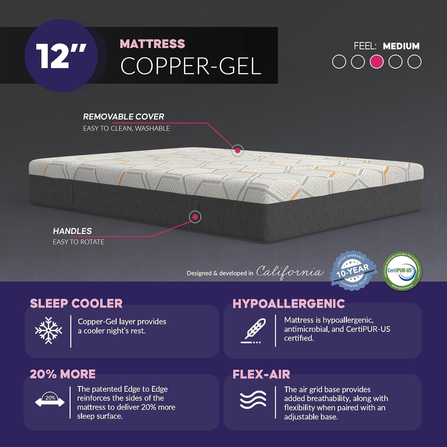 Blissful Nights e4 Queen Adjustable Bed Base Frame with 12" Medium Firm Copper and Gel Infused Memory Foam Mattress